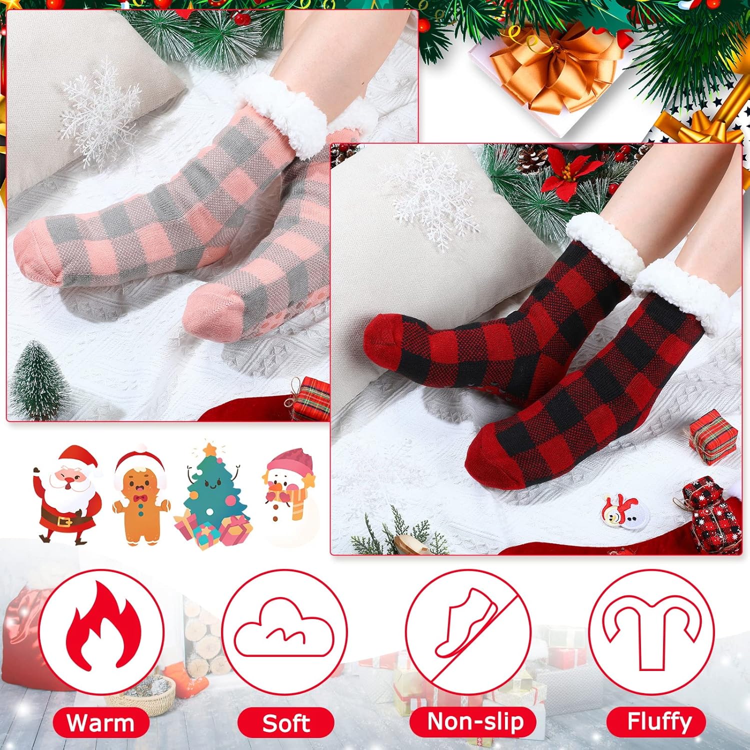 Jadive 6 Pairs Christmas Fuzzy Slipper Socks for Women with Grippers Non Slip Winter Warm Fluffy Cozy Fleece Socks