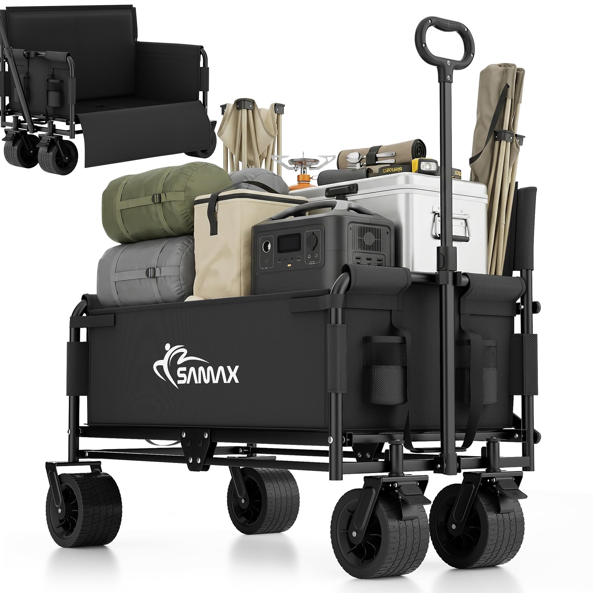 SAMAX Chariot à Main de Transport jusqu'à 200 kg - 2 en 1 avec Banquette - Chariot de Jardin Charrette à Bras Remorque á Main Pliante Offroad (Noir, avec Dossier)
