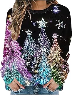 Keepink Sparkly Christmas Jumpers for Women UK Oversized Round Neck Pullover Women\'s Glitter Christmas Tree Print Sweatshirt Ugly Xmas Sweater Holiday Party Tops Funny Outfits