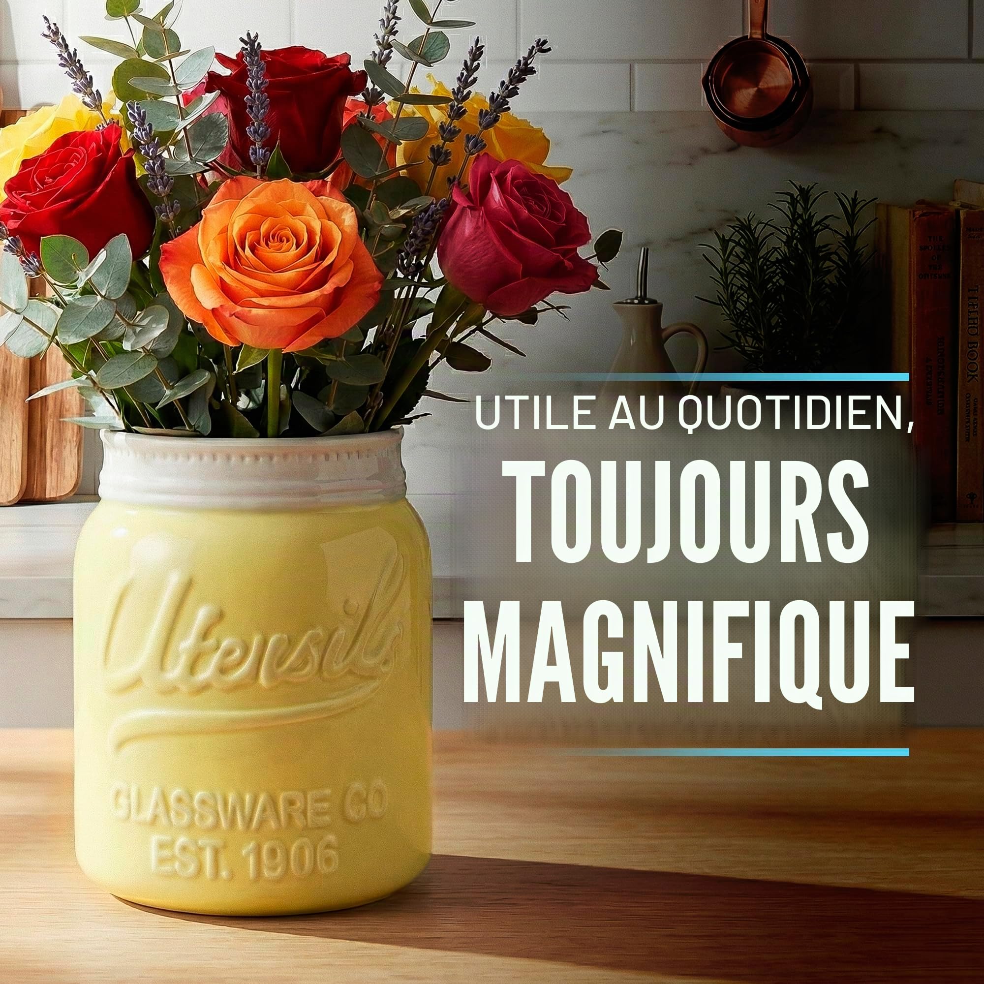 Comfify Large Opening Mason Jar Utensil Holder Jug Decorative Kitchen Equipment Organizer, Dishwasher Safe - Yellow, Large Size Tall 7"