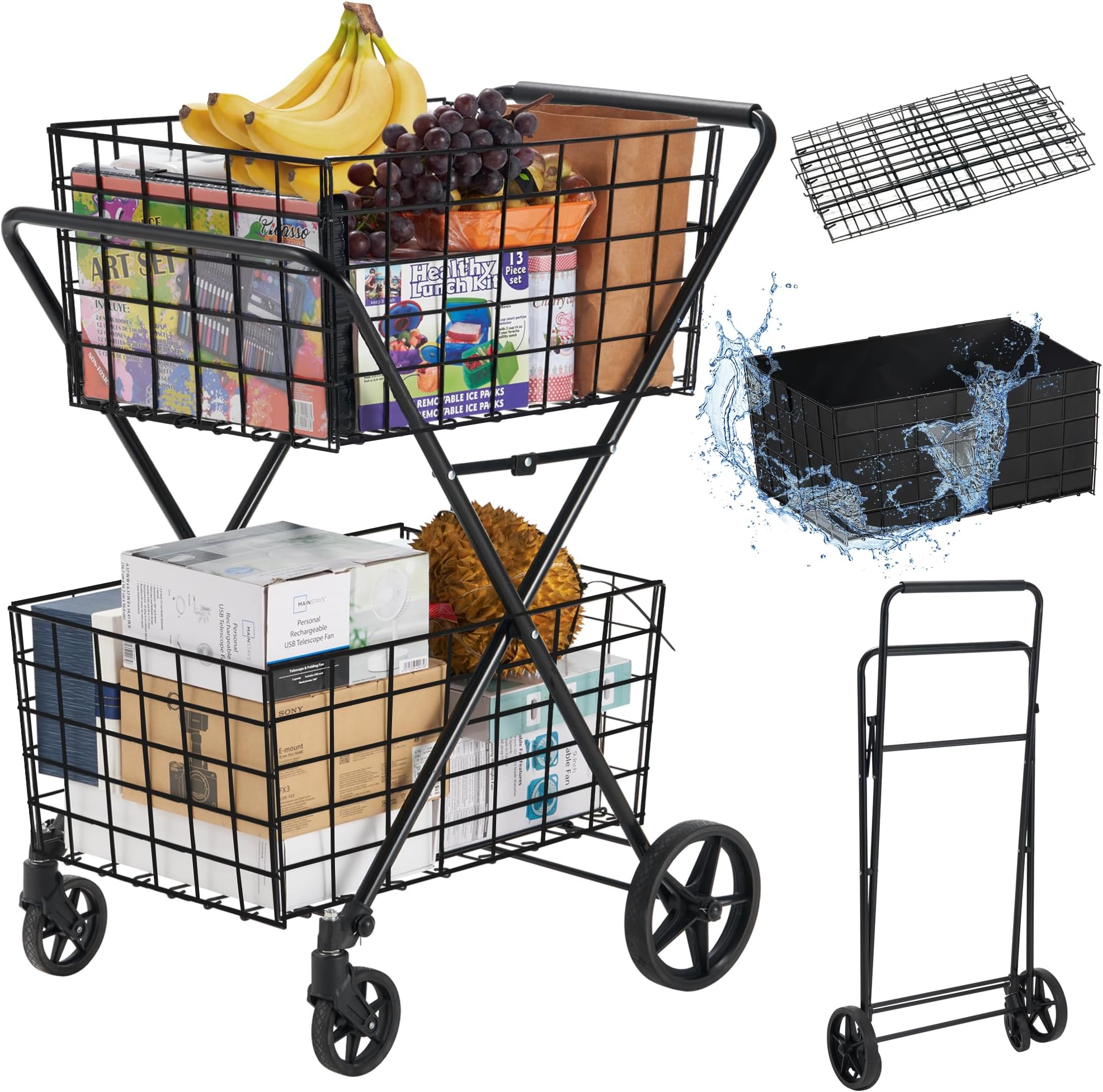 Spurgehom 2-Tier Shopping Cart for Groceries Folding Grocery Cart On Wheels with Removable Double Baskets 360° Rolling Utility Cart with Oxford Cloth Liner, Black