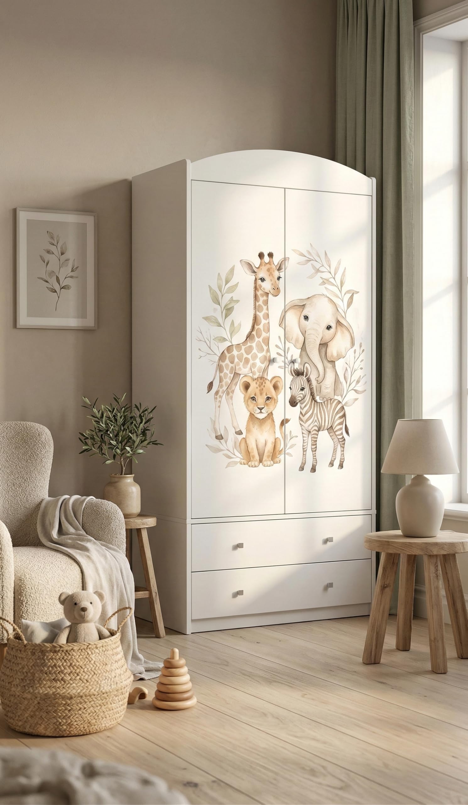 Happy Babies Armadio per bambini con motivo incantevole, 2 ante per cameretta dei bambini, con 2 cassetti, asta appendiabiti e ripiani, bianco (88 x 187 x 54 cm) (nr 170)
