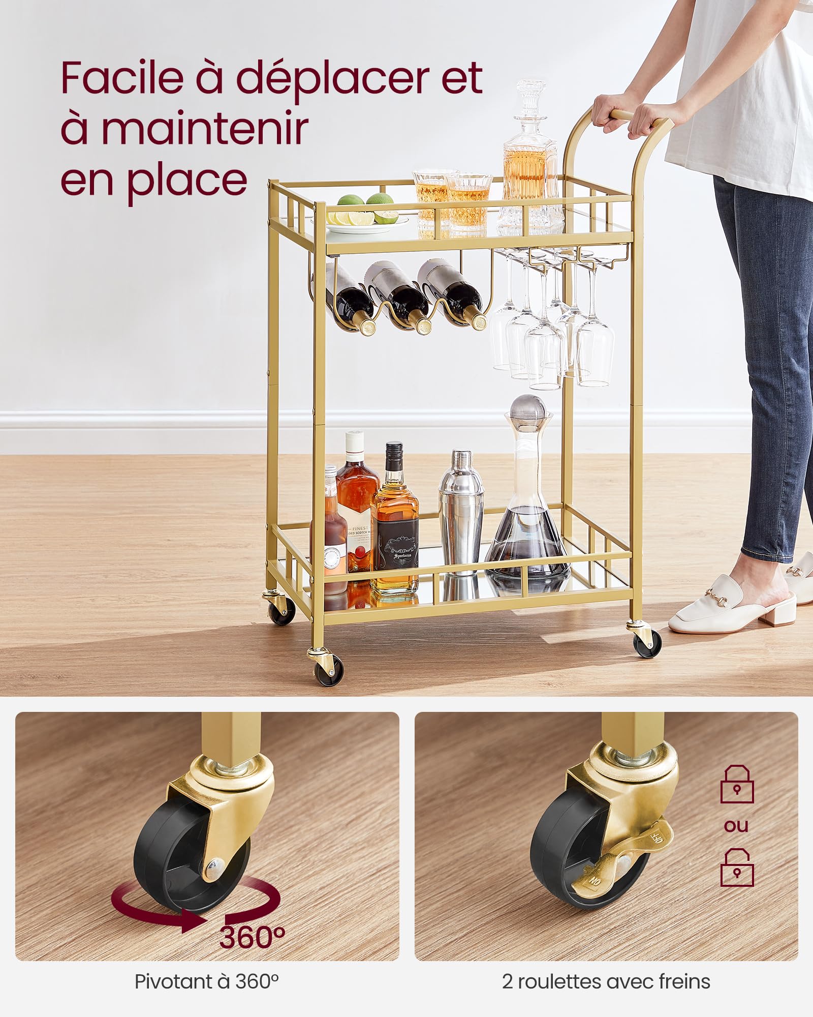 VASAGLE Desserte pour Boissons, Chariot à roulettes, Meuble de Cuisine, 2 Niveaux en Verre Réfléchissant, avec Porte-Bouteilles, Porte-Verres, pour Bar, Cuisine, Salle à Manger, Doré LRC092A62