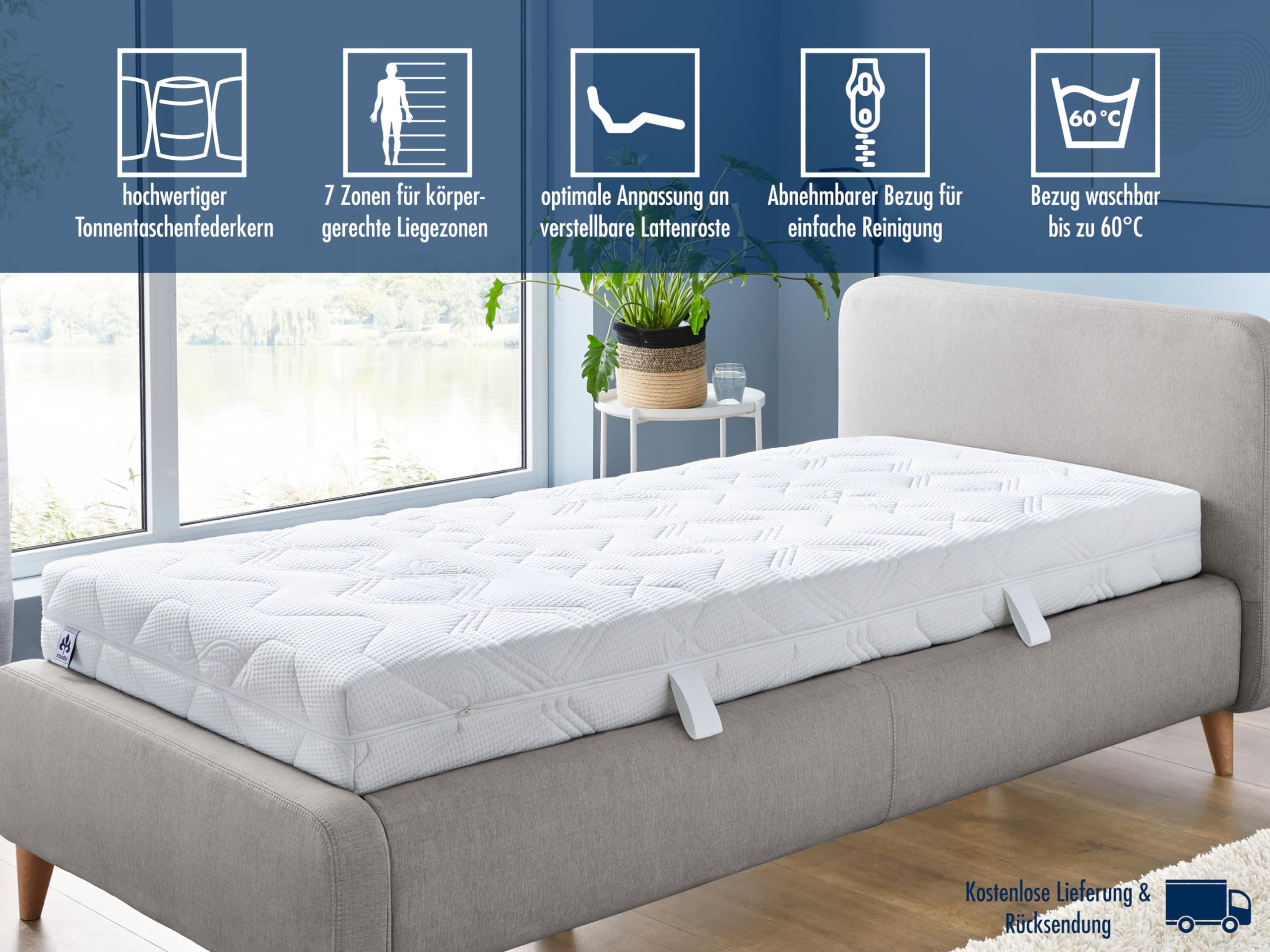 Irisette Lotus Orthopädische 7-Zonen 500er Tonnentaschenfederkernmatratze 100 x 200 cm | Härtegrad H3 mittelfest | OEKO-TEX STANDARD 100 | Deutscher Qualitätsstandard