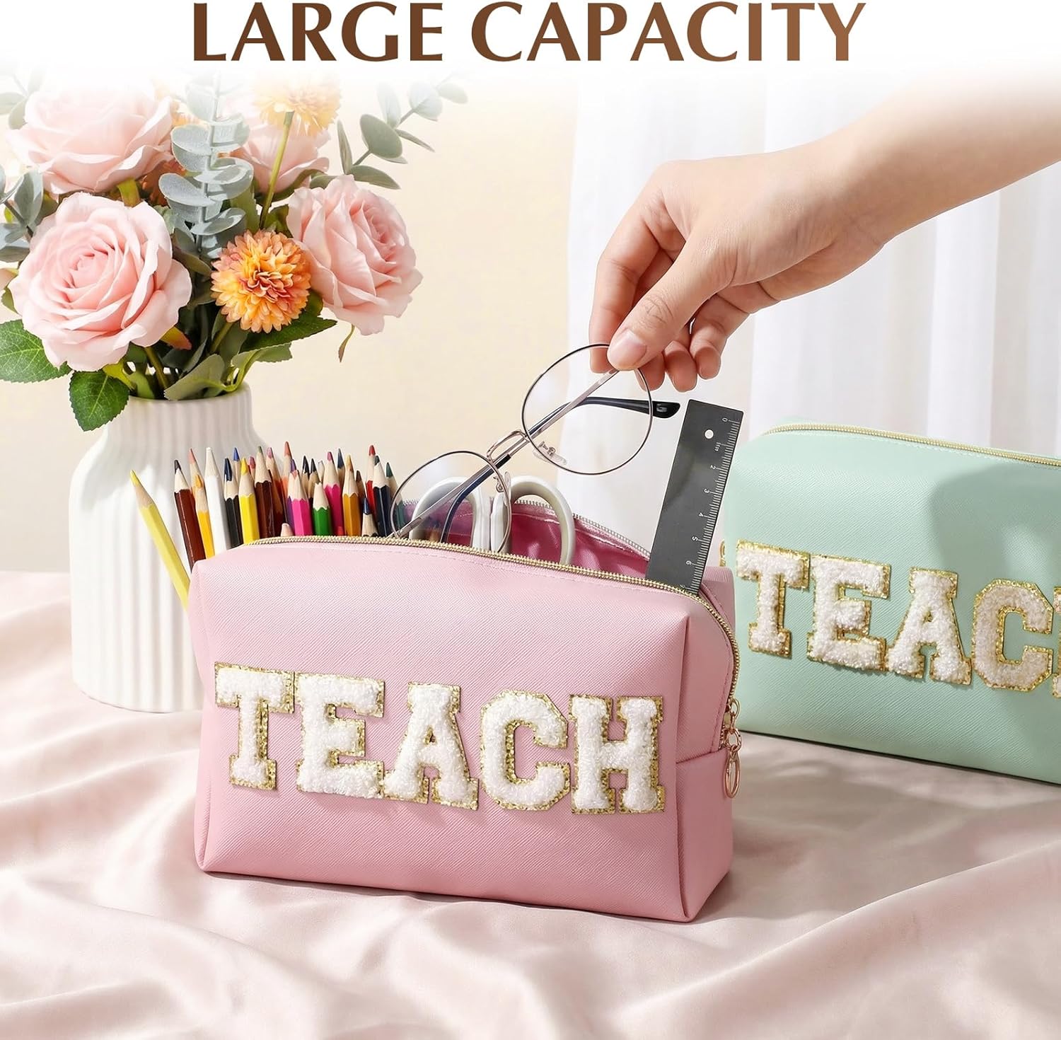 Chunful 6 Pcs Teach Bag Teacher Appreciation Gifts Bulk Chenille Letter Makeup Bag PU Leather Zipper Pouch Portable Travel Organizer Graduation Retirement Gifts for Women