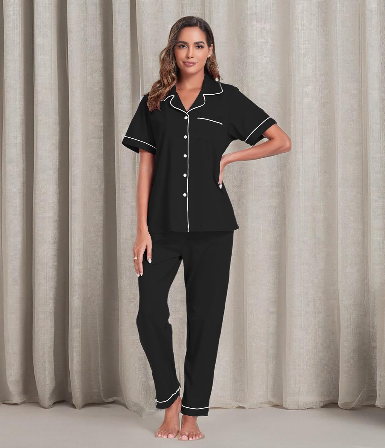 ANLIQI 100% Cotton Pajamas for Women Set Short Sleeve Top & Pajama Pants Button Down Sleepwear Pjs Lounge with Pockets