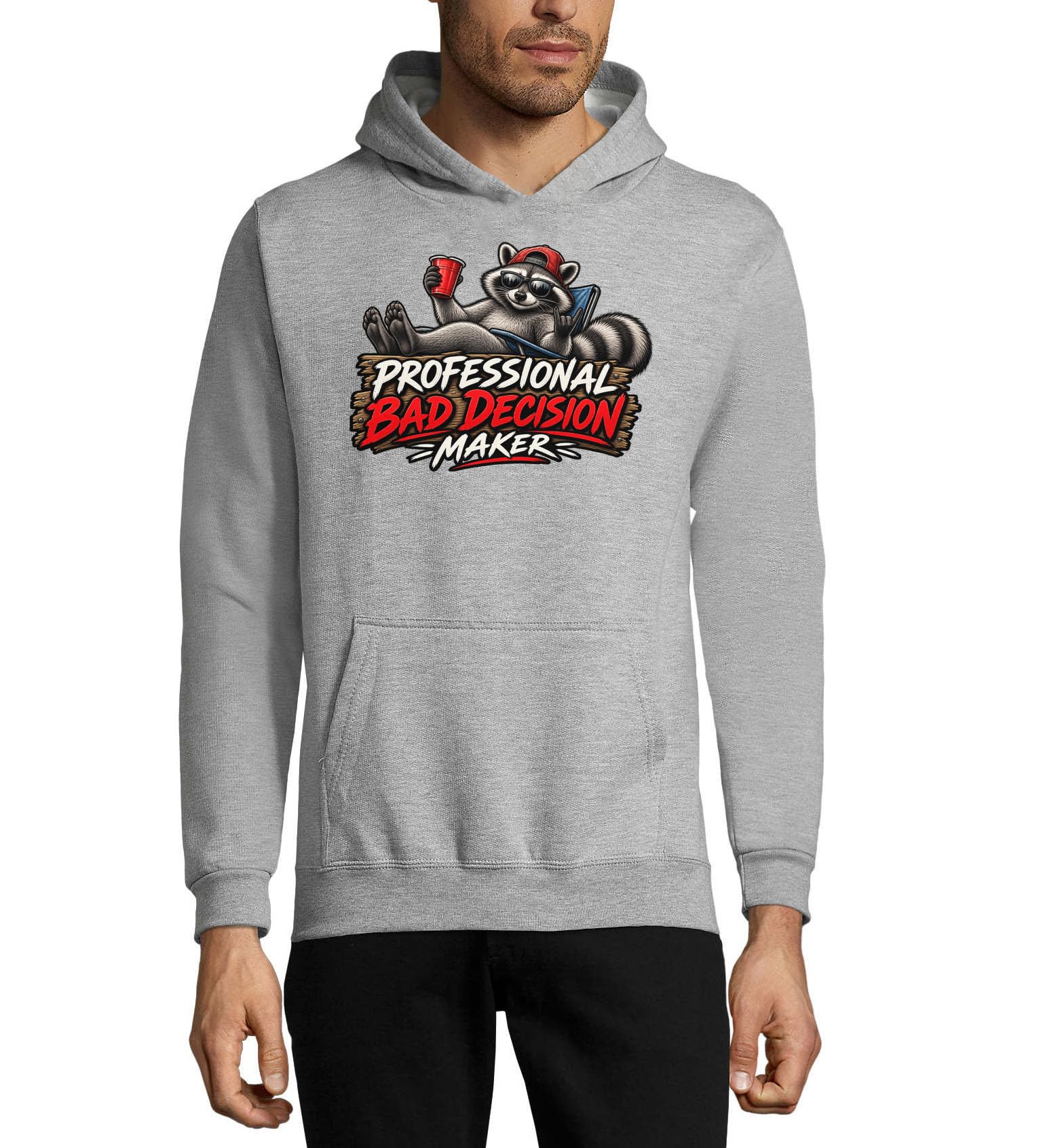 Relaxed Raccoon Making Bad Decisions Unisex Bluza z kapturem z mieszanki bawełny szara