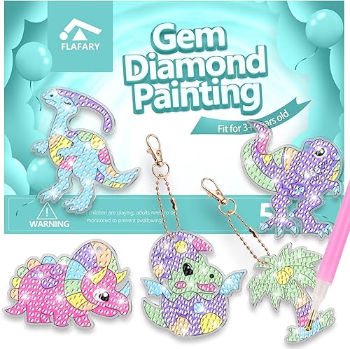FLAFARY Kits de pintura de diamantes Gemas grandes 5D Llaveros de pintura de diamantes de dinosaurio Artes y manualidades para niños de 6 a 8 12