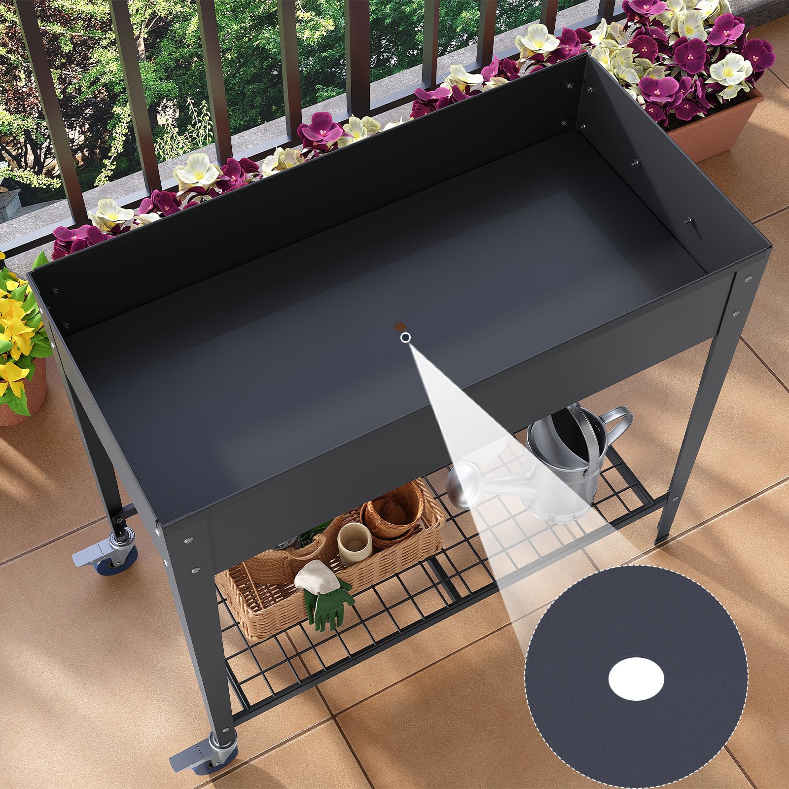 LARMNEE Huerto Elevado de Acero con Ruedas y Estante, Jardinera para Flores y Vegetales con Orificio de Drenaje, 83,5 x 40 x 76 cm, Maceta Elevada para Plantas, Apta para Balcón, Gris EGY02MP02