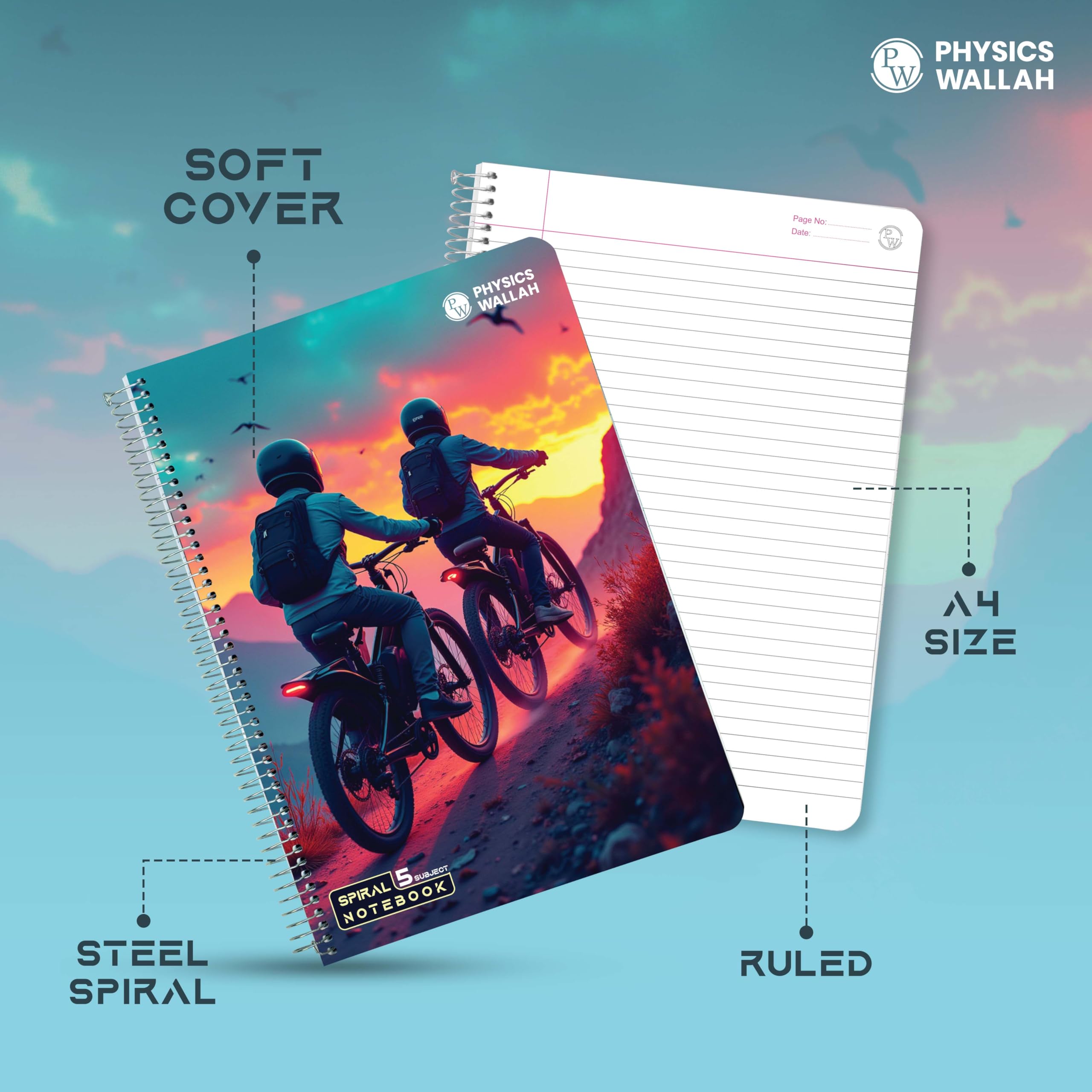 PW Physics Wallah - Quaderno a spirale a 5 tempi, 250 pagine a righe, motivo a 3 sezioni multiple, perfetto per scuola, università e preparazione degli esami (confezione da 3)