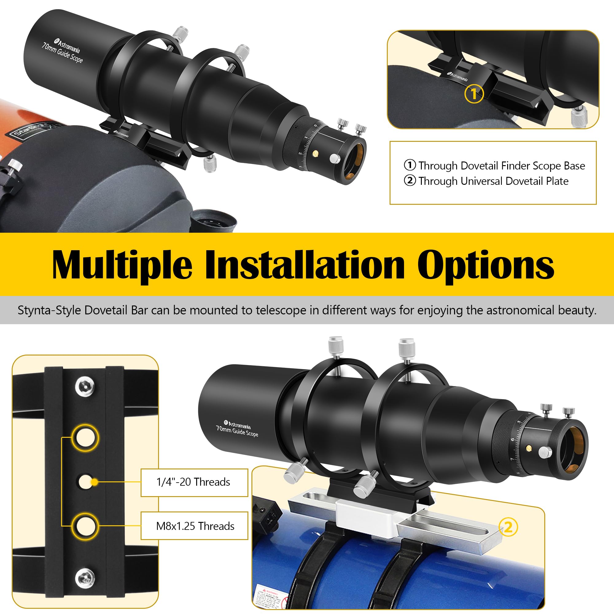 Astromania Alcance guía mejorado de 70 mm FMC con enfoque helicoidal doble, kit de guía de buscador de lujo compatible con ocular de 1.25 pulgadas para telescopio de astronomía y cámara de guía