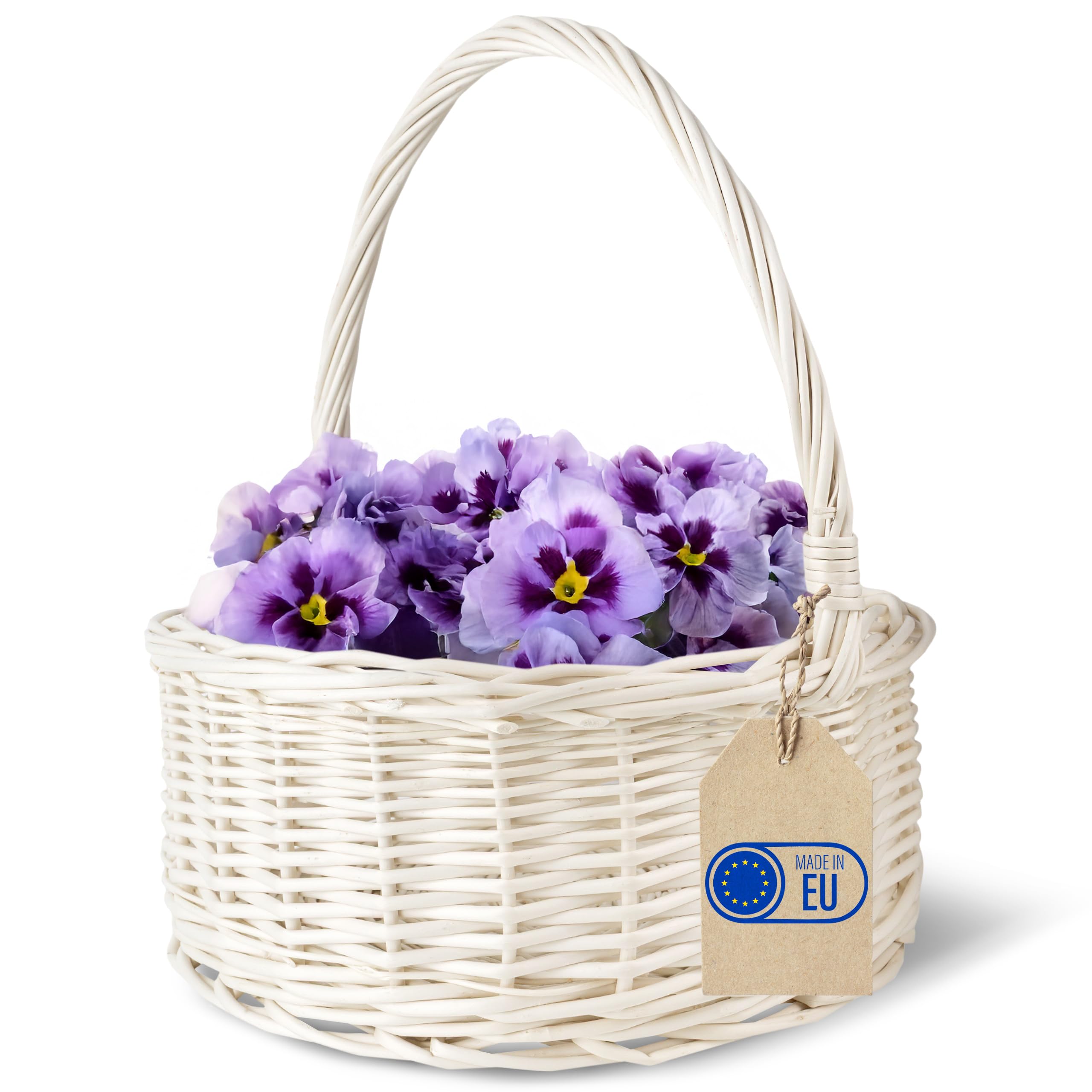 Creative Home Cesto Pasquale Ovale Bianco Crema 30 x 30 x 32 cm | Piccolo Cestino in Vimini con Manico | Cesta Vimini Intrecciata a Mano | Cestino da Giardino, Regalo Natale, Frutta