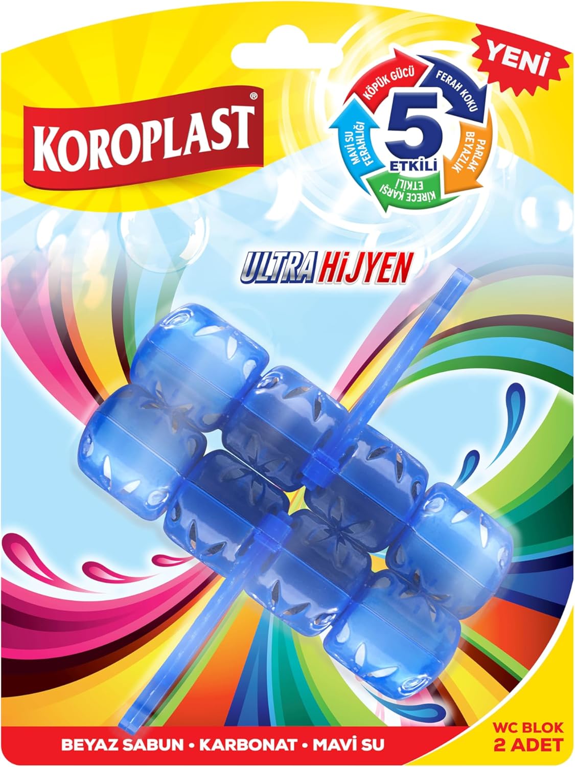 Koroplast 5 Etkili WC Blok 2'li Set, Beyaz Sabun Kokulu, Karbonat ve Mavi Su Özellikli Ferah, Parlak, Kireç Karşıtı, Köpüklü Tuvalet Bloğu, Hijyenik Klozet ve Tuvalet Hijyenik Temizliği, 2'li WC Blok