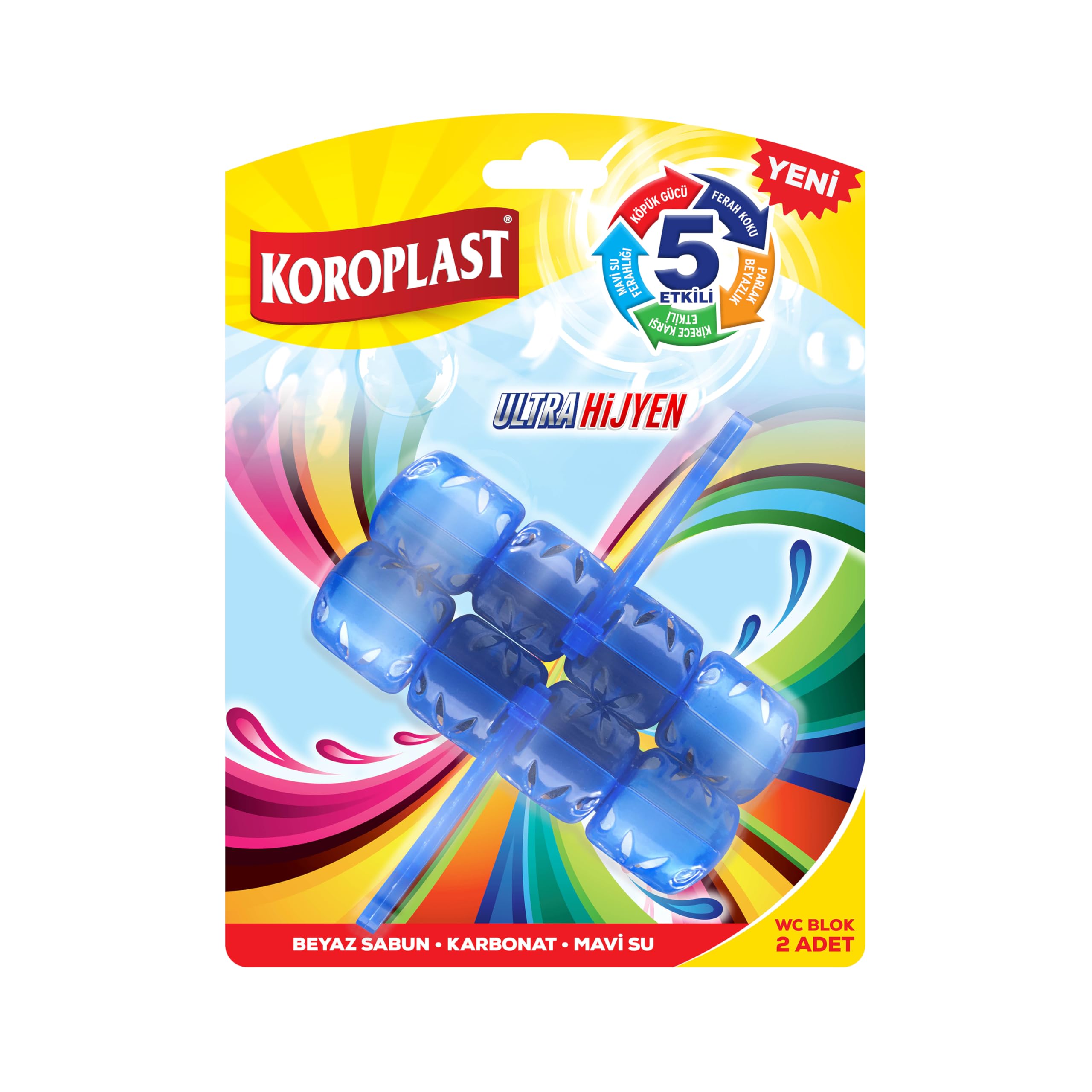 Koroplast 5 Etkili WC Blok 2'li Set, Beyaz Sabun Kokulu, Karbonat ve Mavi Su Özellikli Ferah, Parlak, Kireç Karşıtı, Köpüklü Tuvalet Bloğu, Hijyenik Klozet ve Tuvalet Hijyenik Temizliği, 2'li WC Blok