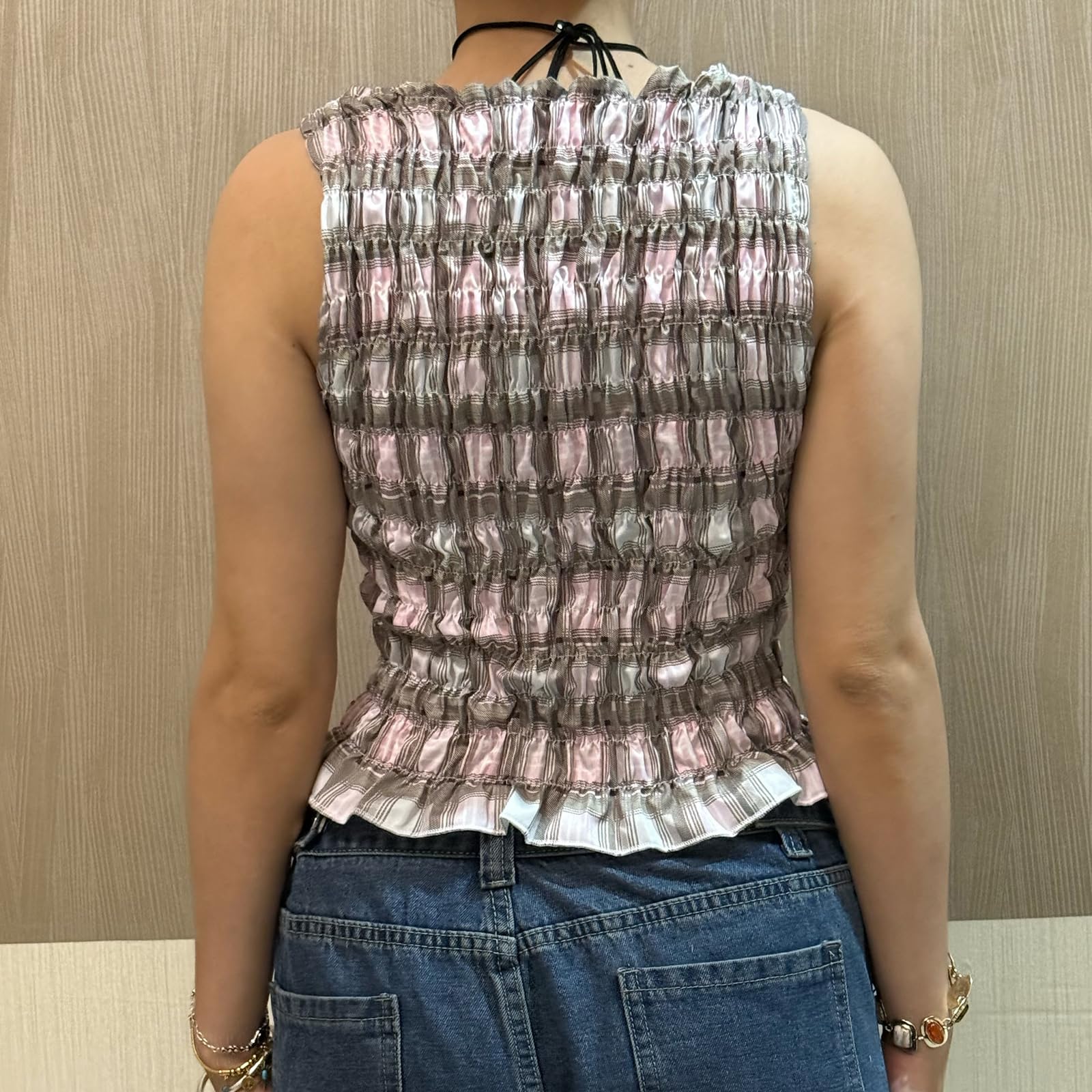 Sexy Outfit Camiseta sin Mangas con Cuello Barco y Dobladillo con Volantes para Mujer, Blusa de Verano Ajustada con Pliegues para Uso Diario Informal