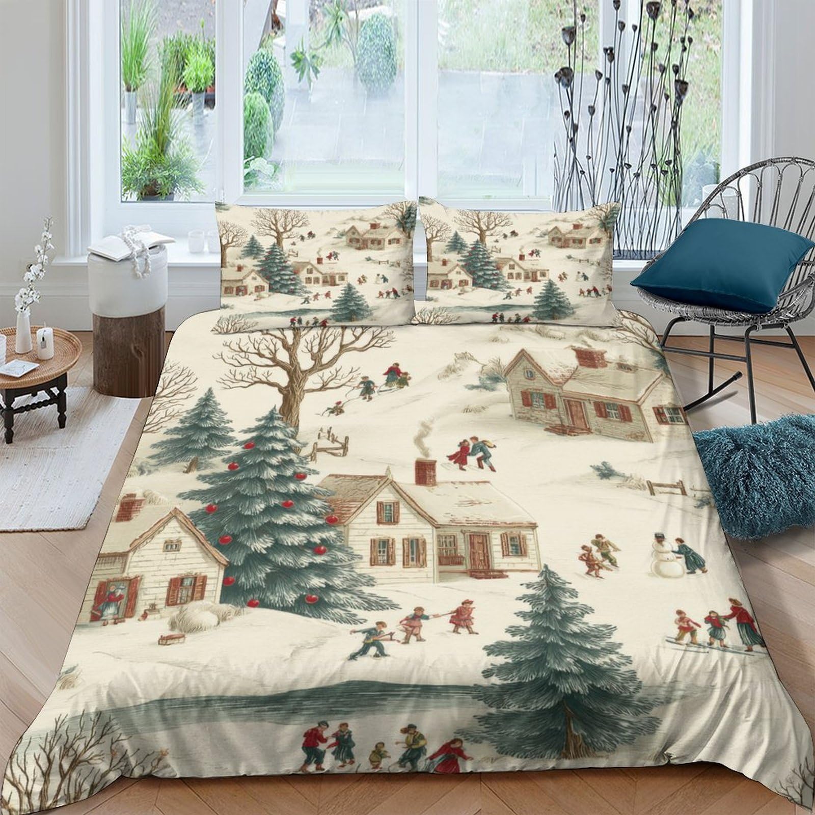 Ctjqhvkz Style-6 3D Printed Winter Village Fitted Sheet Microfiber Soft Christmas Snow Scene Mattress Cover For Bedroom Guest Room Decor Single（135X200cm）