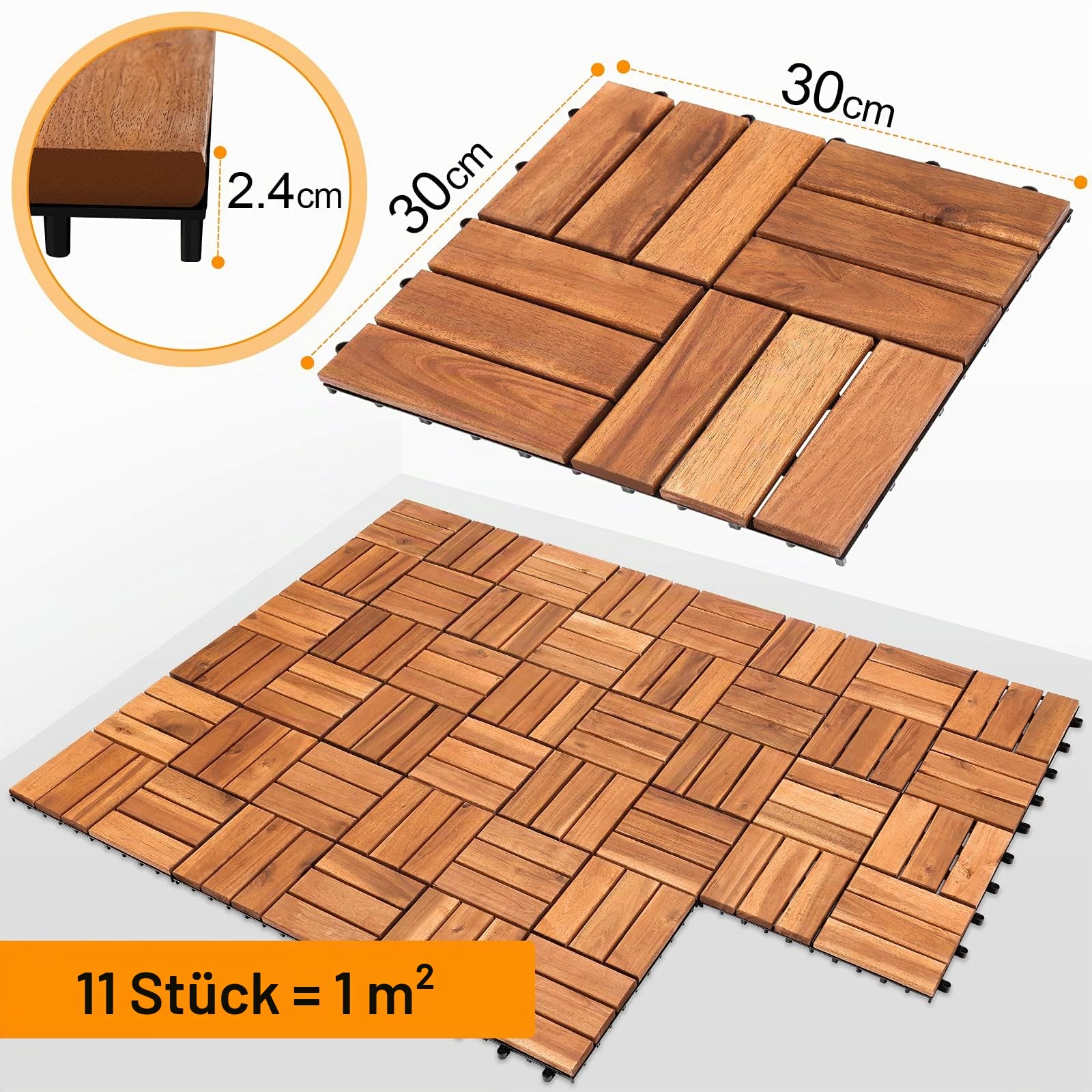 Eulenke Holzfliesen Terrassenfliesen aus Akazien Holz, 5m², 55 Stück Gartenfliesen 30 x 30 cm, Klickfliesen Terrassenfliese 12 Latten Fliese für Garten, Terrasse, Balkon