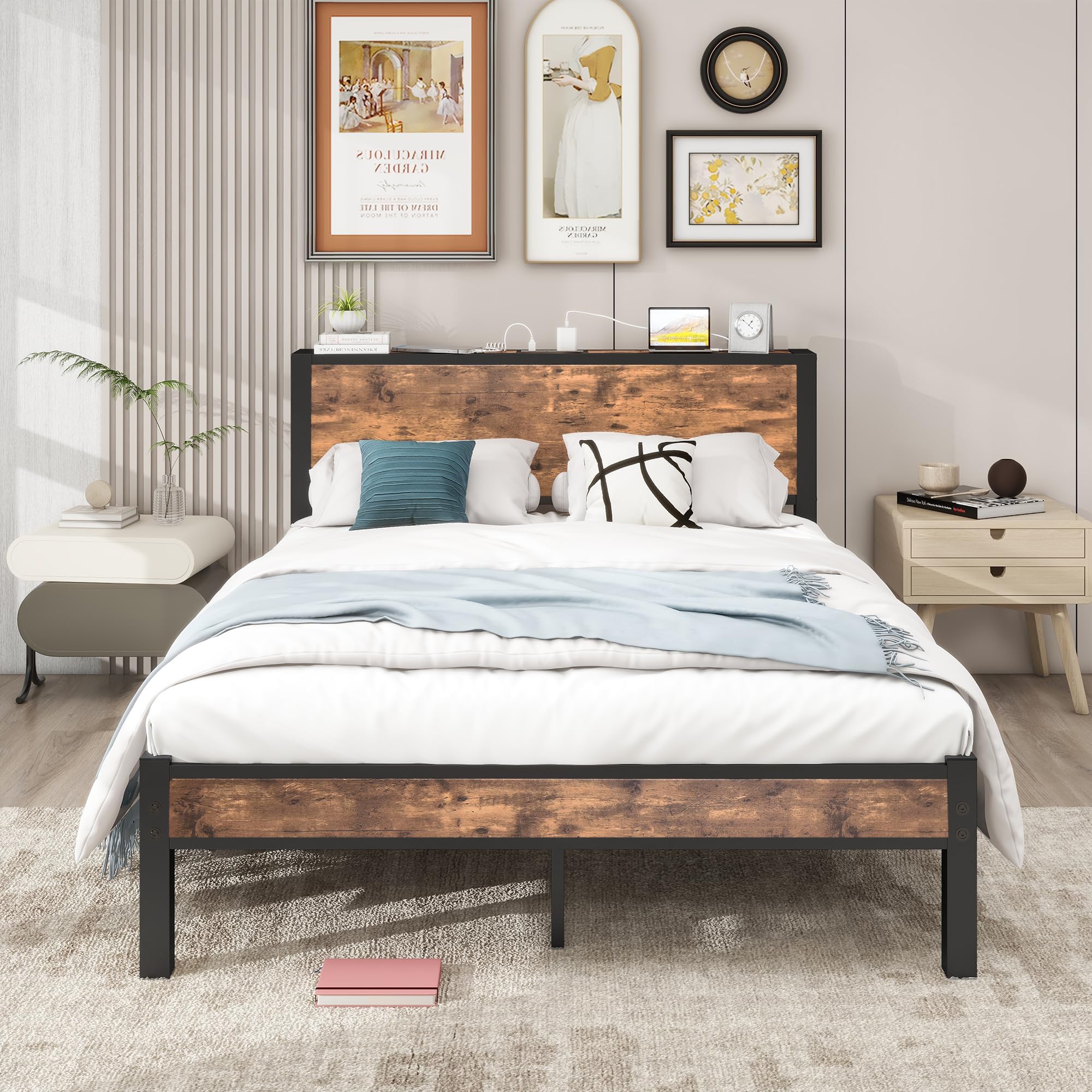 Double Bed Frame with Wooden Storage Headboard with USB Ports and Charging Station, Metal Wooden Bed Frame Double Bed No Box Spring Needed, Enhanced Support Leg, Black+Brown Oak