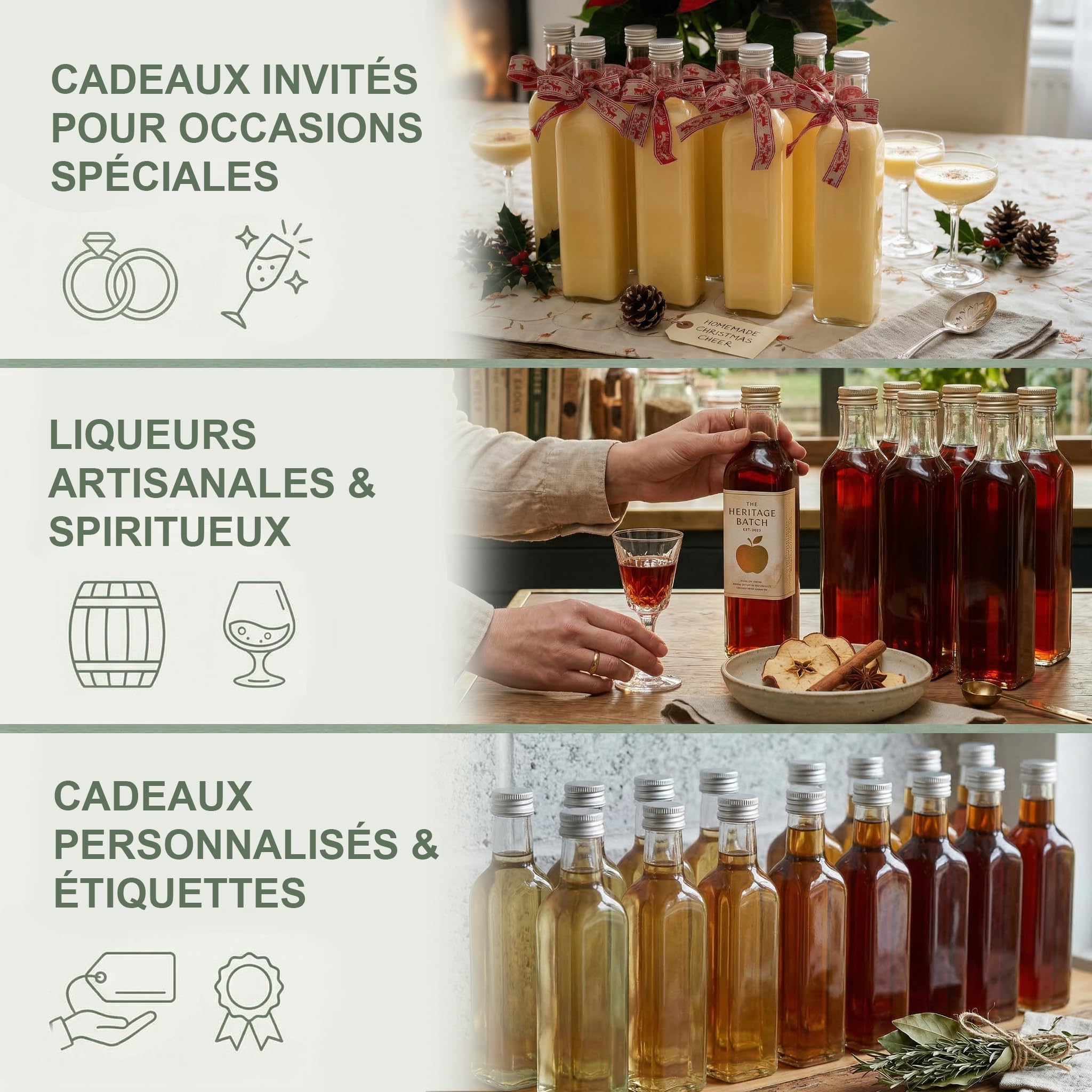 24 Bouteille 250ml Verre Carrée Bouchon – Rhum Arrangé Liqueur Sirop Huile – Cadeaux avec Étiquettes
