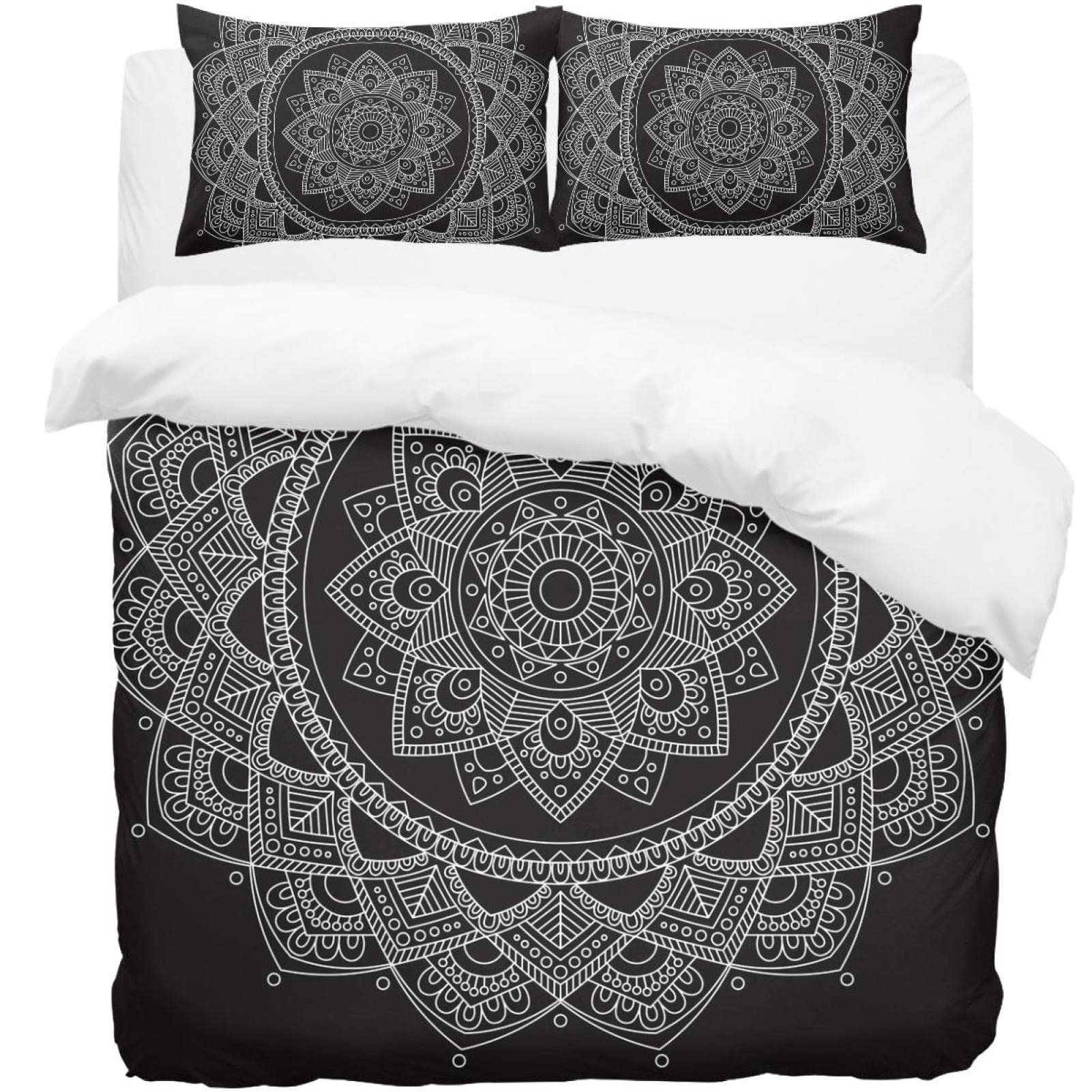 Housse de couette mandala avec 2 taies d'oreiller | Parure de lit simple 3 pièces vintage