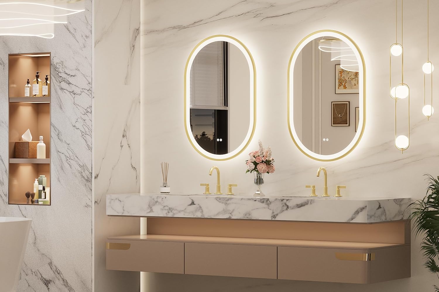 Keonjinn Oval LED Bathroom Mirror 24x36 Inch, Gold Beveled Metal Frame, Frontlit & Backlit Bathroom Mirror with 3 Color Tempurature, Dimmable Lighted Mirrors for Wall with Anti-Fog, HD Tempered Glass