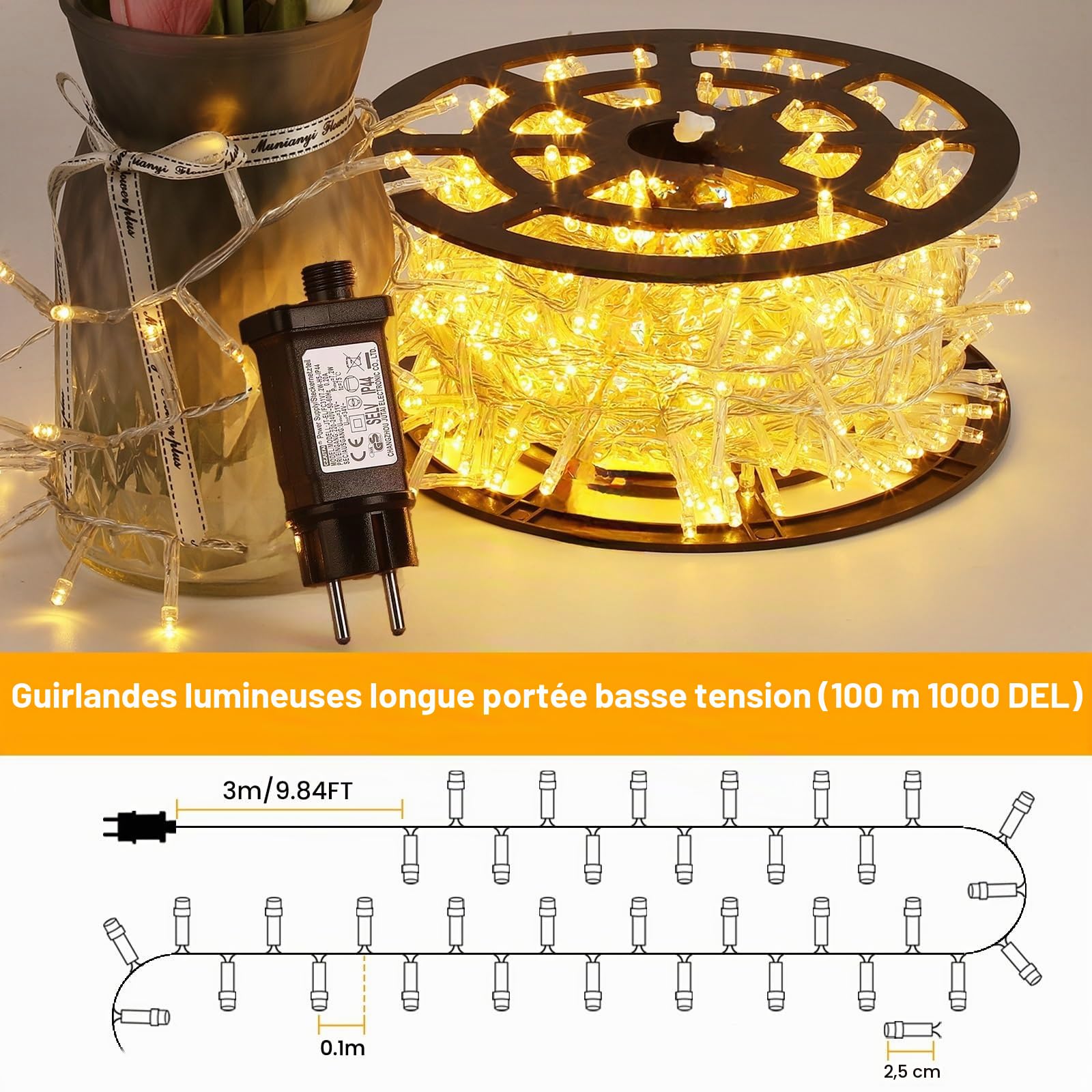 Elegear 100M 1000LEDs Guirlande Lumineuse Extérieure Blanc Chaud, Guirlande LED Protection IP44 avec 8 Modes, Guirlande Noël Decoration Noël Exterieure et Intérieure pour Sapin Soirée Mariage