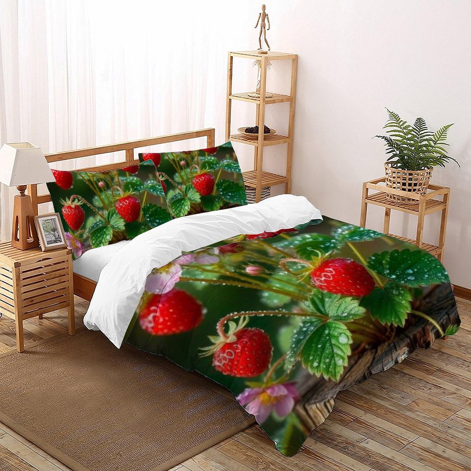 Housse de couette King motif fraises et plantes en microfibre