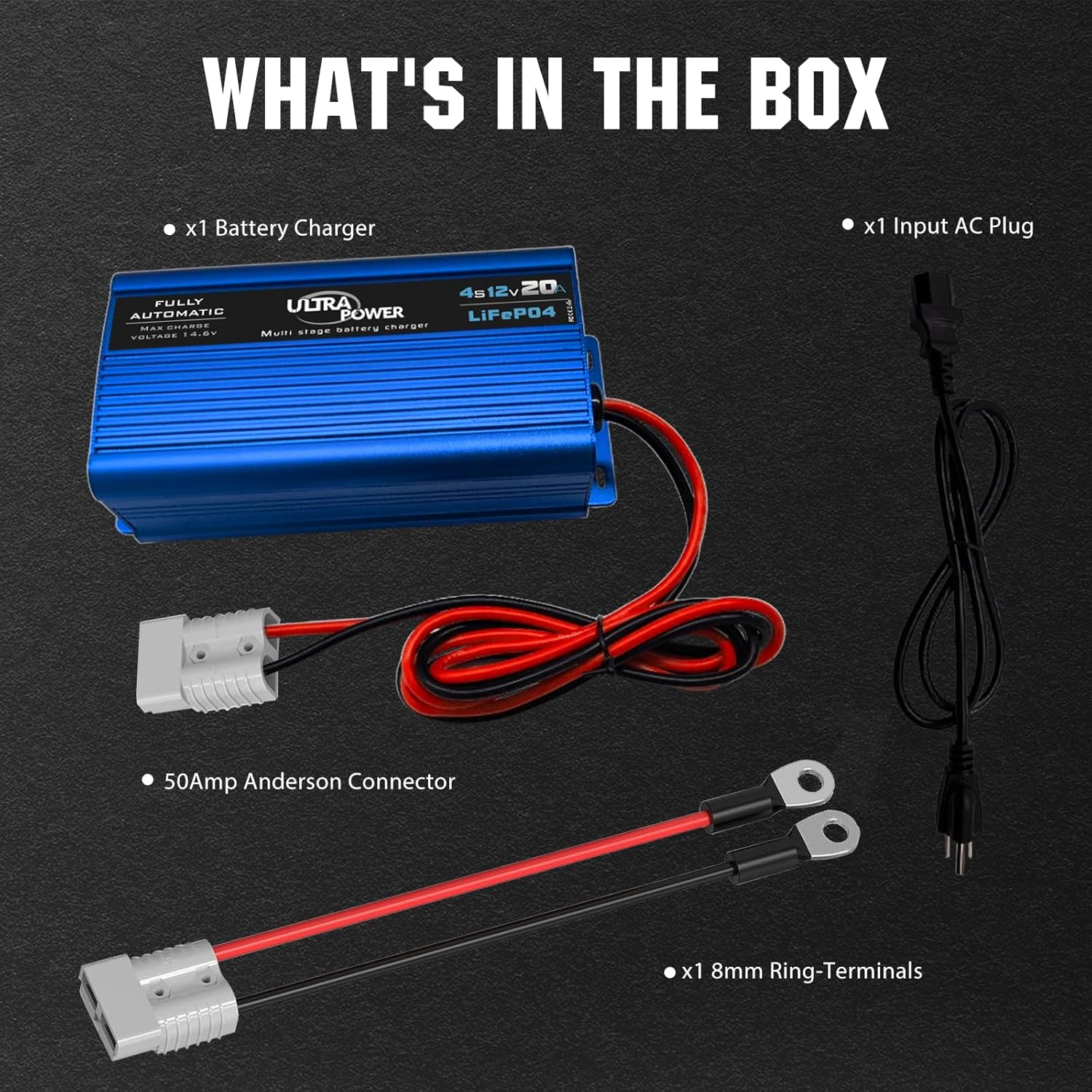 ULTRAPOWER 14.6V 20A LiFePO4 Battery Charger,12V Smart Lithium Battery Charger,50A Anderson Connector,4LEDs Indicator,AC/DC Battery Charger for RV,Off-Grid,Solar Systems Deep Cycle Batteries