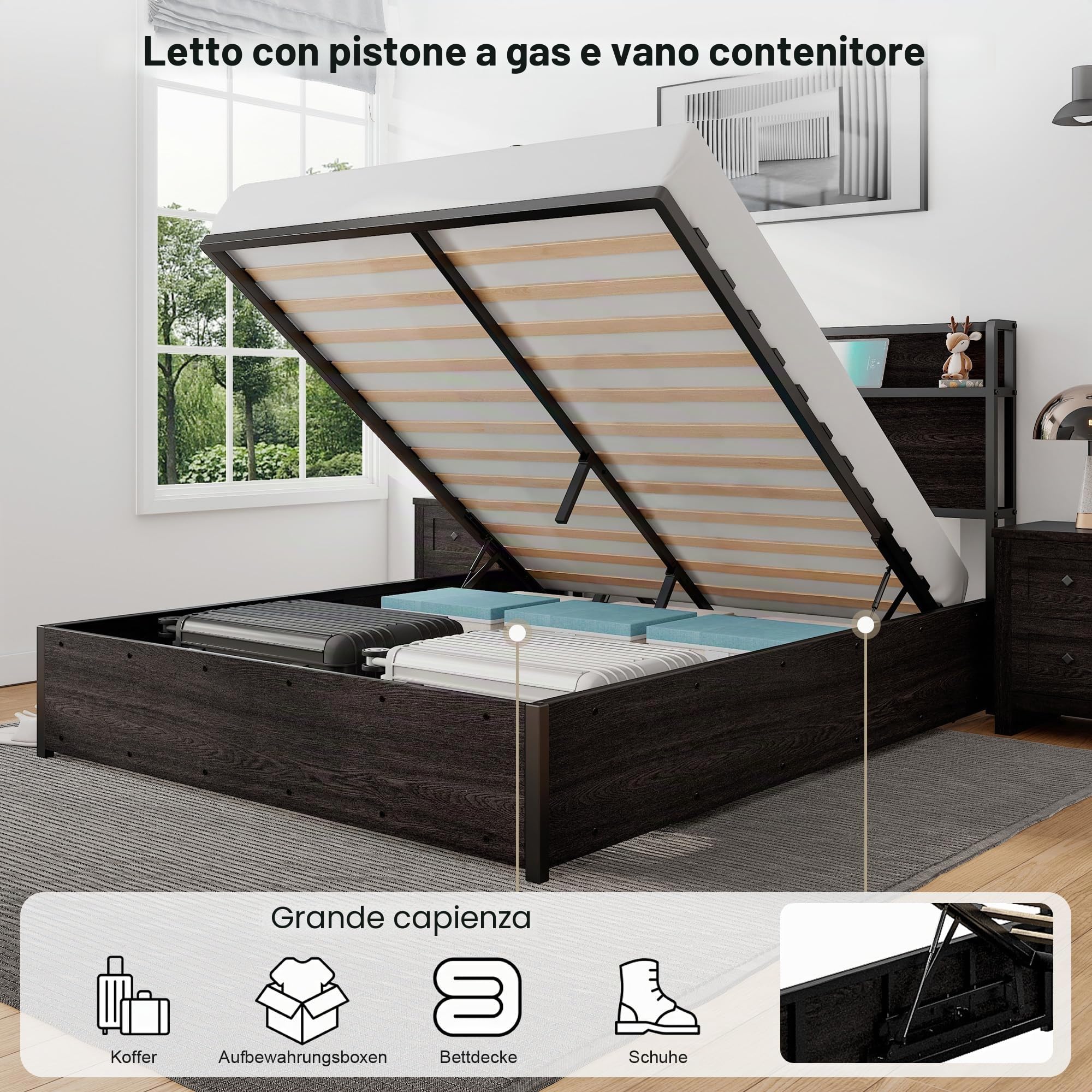 LUXOAK Letto Contenitore con Sollevamento 140 x 200 cm, Spazio Contenitore e Stazione di Ricarica, Nessun Box Spring Necessario, Silenzioso, Nero, Senza materasso