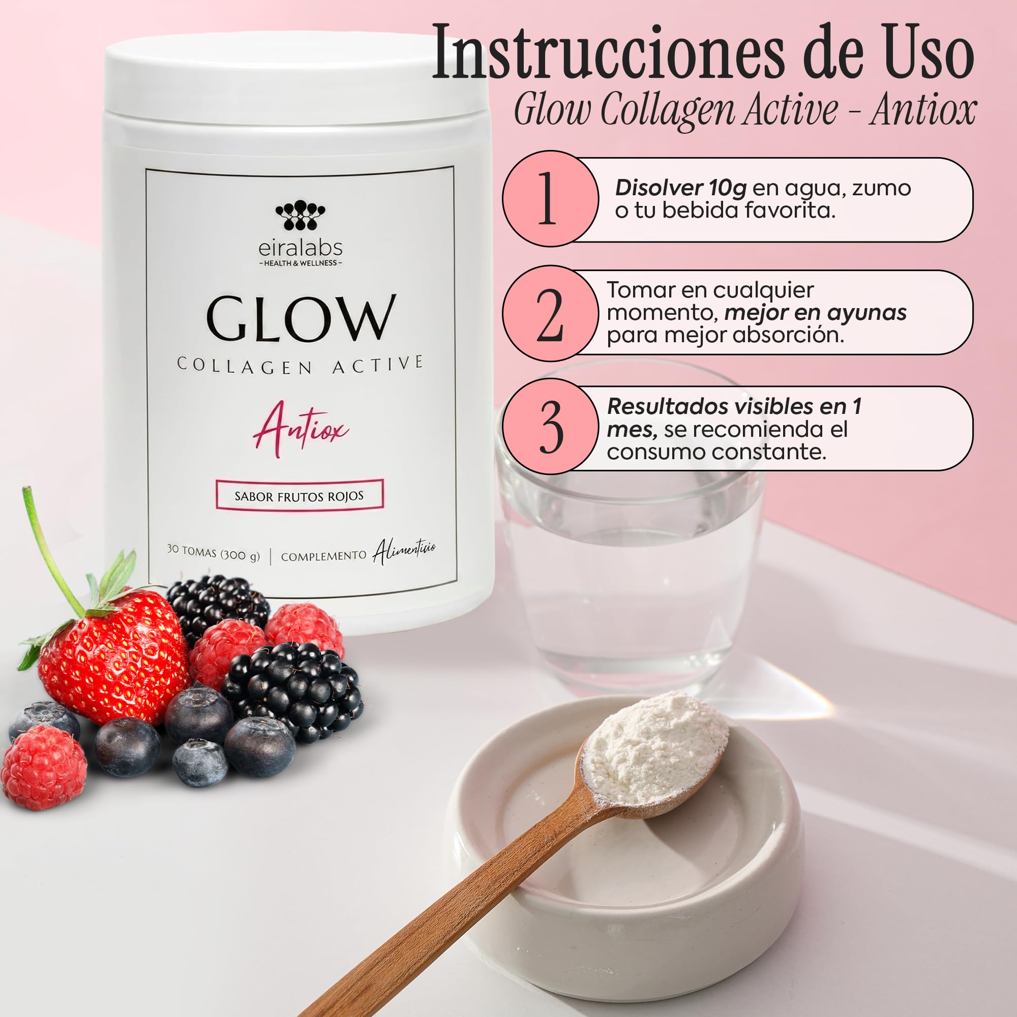 Glow Colágeno Hidrolizado Marino con Ácido Hialurónico, Vitamina C y Zinc, 300 gr de Colágeno en Polvo, Piel más Saludable y Firme, Hidratación De Rápida AbsorciónSabor Frutos Rojos