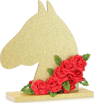 Qunclay 1 Pcs Derby Day Table Decoration Wooden Horse Tabletop Centerpiece with Red Roses Horse Racing Party Decoration for Derby Day Supplies Gold