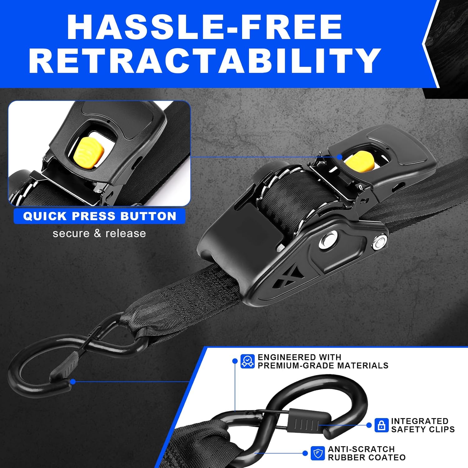 Heavy Duty Auto-Retract Ratchet Tie Down Straps, Black Nylon, 2 Inch x 10 Feet, 3500 lbs Load Capacity, Steel Hooks, Universal Truck Cargo Straps, 2-Pack