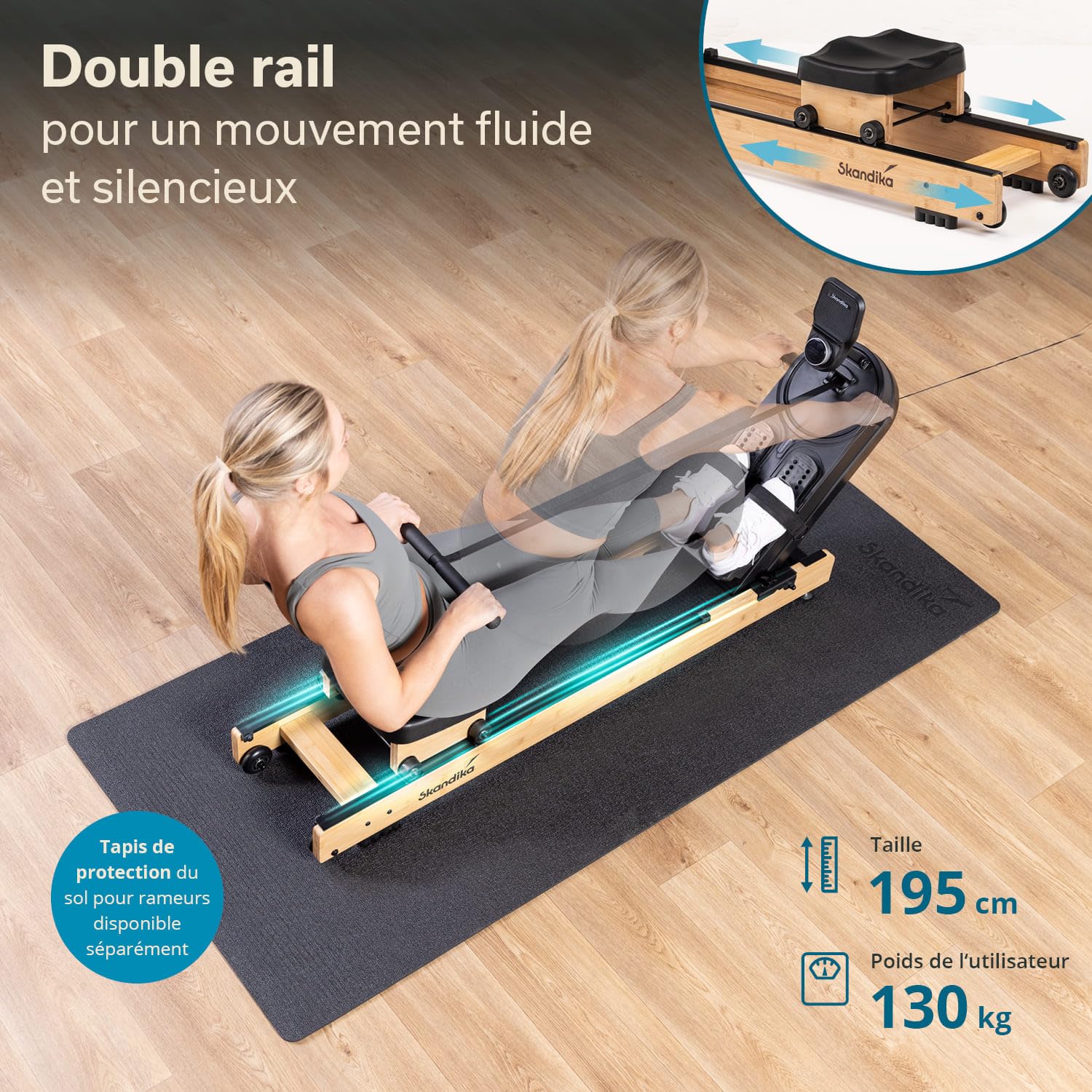 Skandika Rovek Rameur en bois pour la maison, résistance magnétique avec 32 niveaux, système de masse d'inertie de 6 kg, compatible avec application Kinomap, jusqu'à 195 cm
