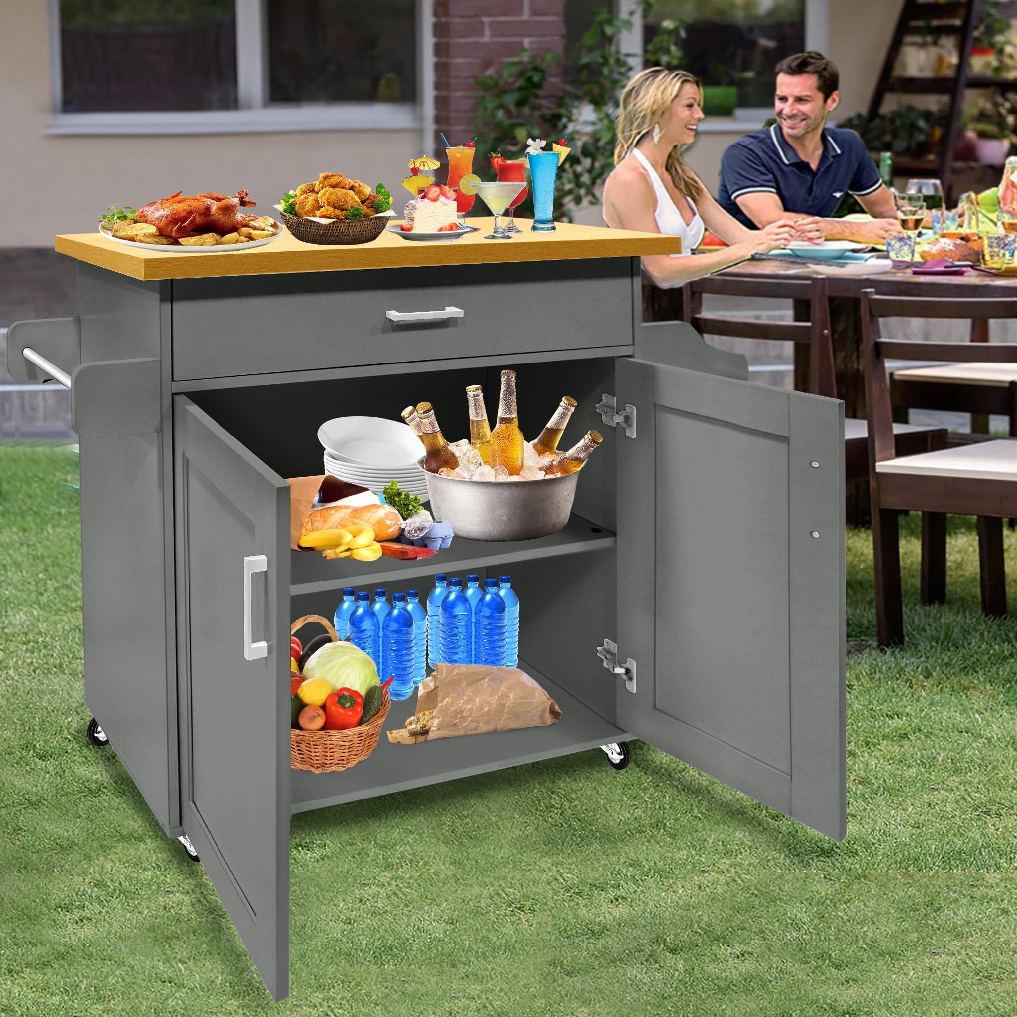 LZQ Küchenwagen Küchenschrank mit Arbeitsplatte Bewegliche Kücheninsel Küchen Wagen Rollbar, Rollwagen küche, servierwagen 115x36x90cm Grau