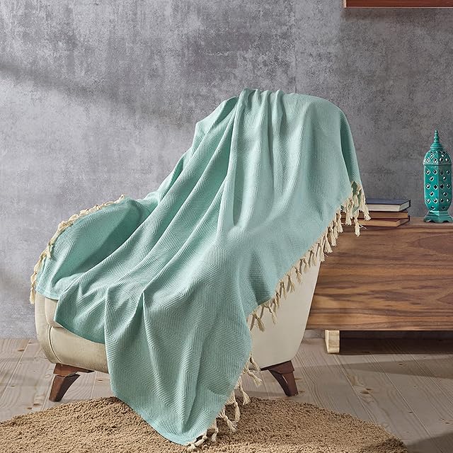 Milam London 100% Cotton Herringbone Throw For Armchair Sofa Double Bed Settee Bedspread Blanket Outdoor Throw 130 x 170 cm Duck Egg Blue