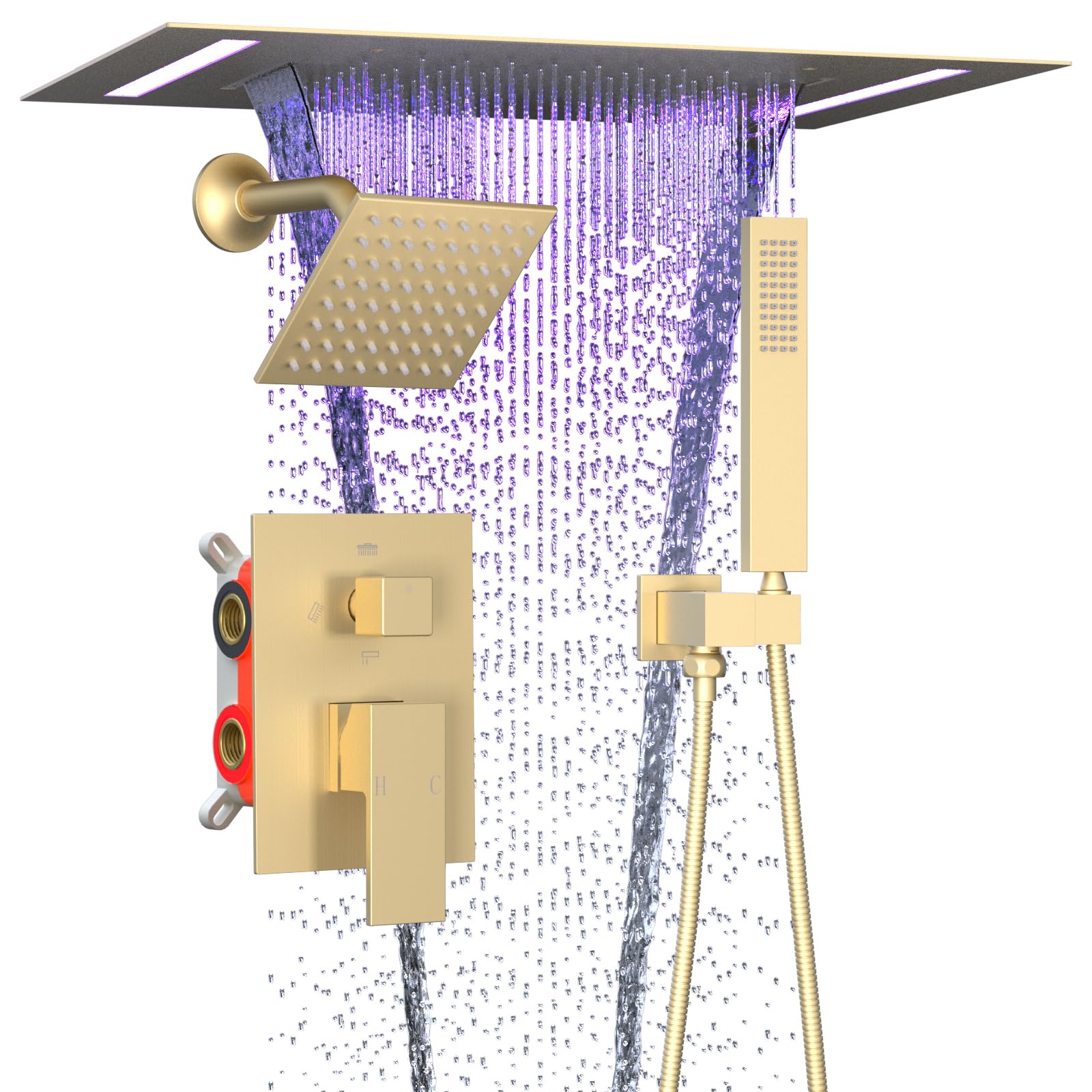 ENGA Dual Rain Shower Head System, 2 In 1 Functions Ceiling Mount 14x20inch LED Shower Head with 6 Inch Shower Head, Rainfall Waterfall Shower Faucet