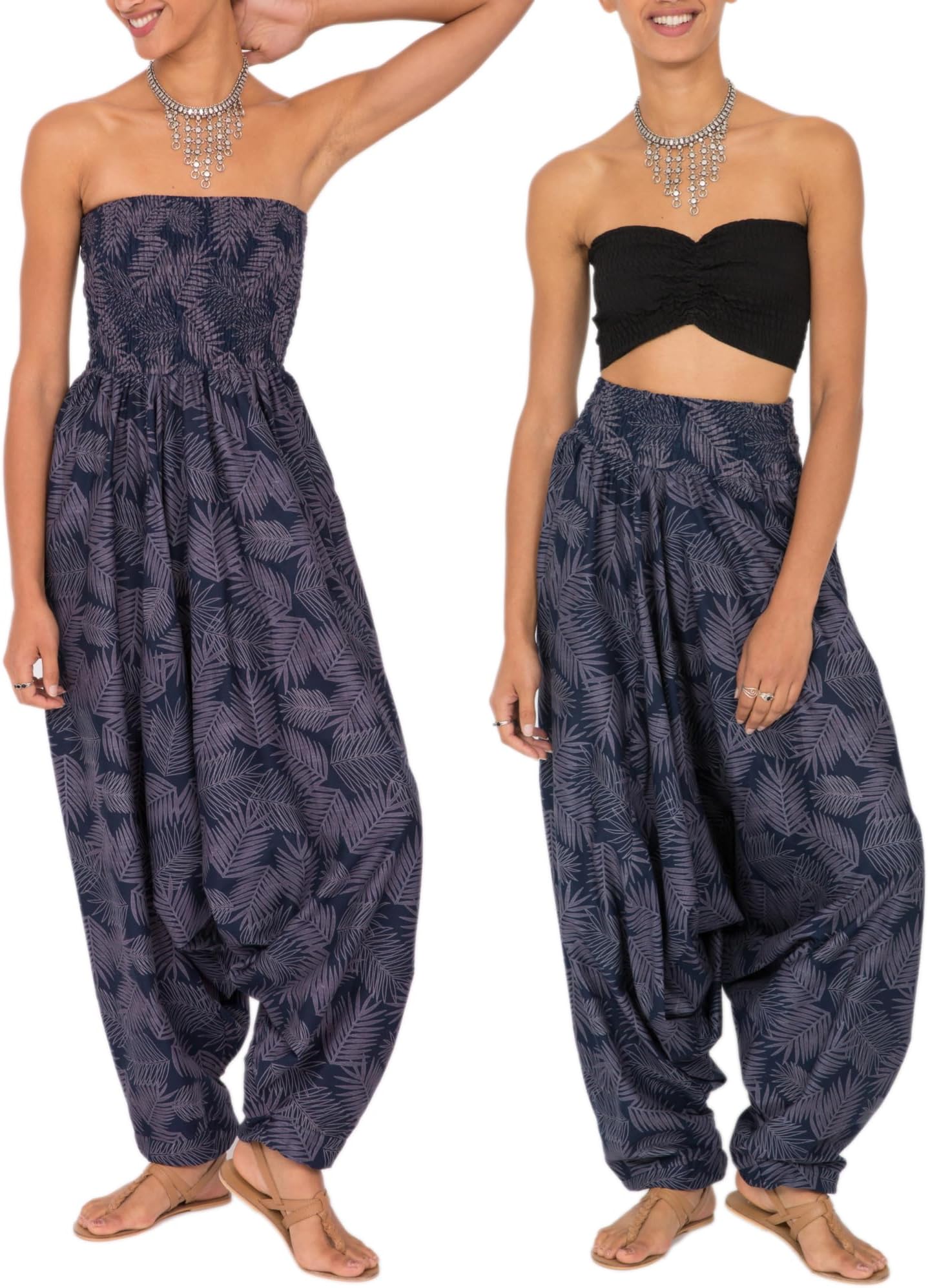 Jumpsuits for Women UK Converts into Harem Pants with Pockets - 2-in-1 Outfit - Cotton Strapless Romper & Comfy Elasticated Waist Trousers