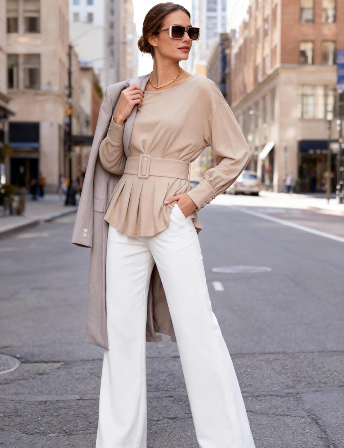 EsheSy Women's Peplum Sweatshirt Long Sleeve Boat Neck Pleated Top Dressy Casual Pullover Tunics Bussiness Shirts with Belt - Image 5