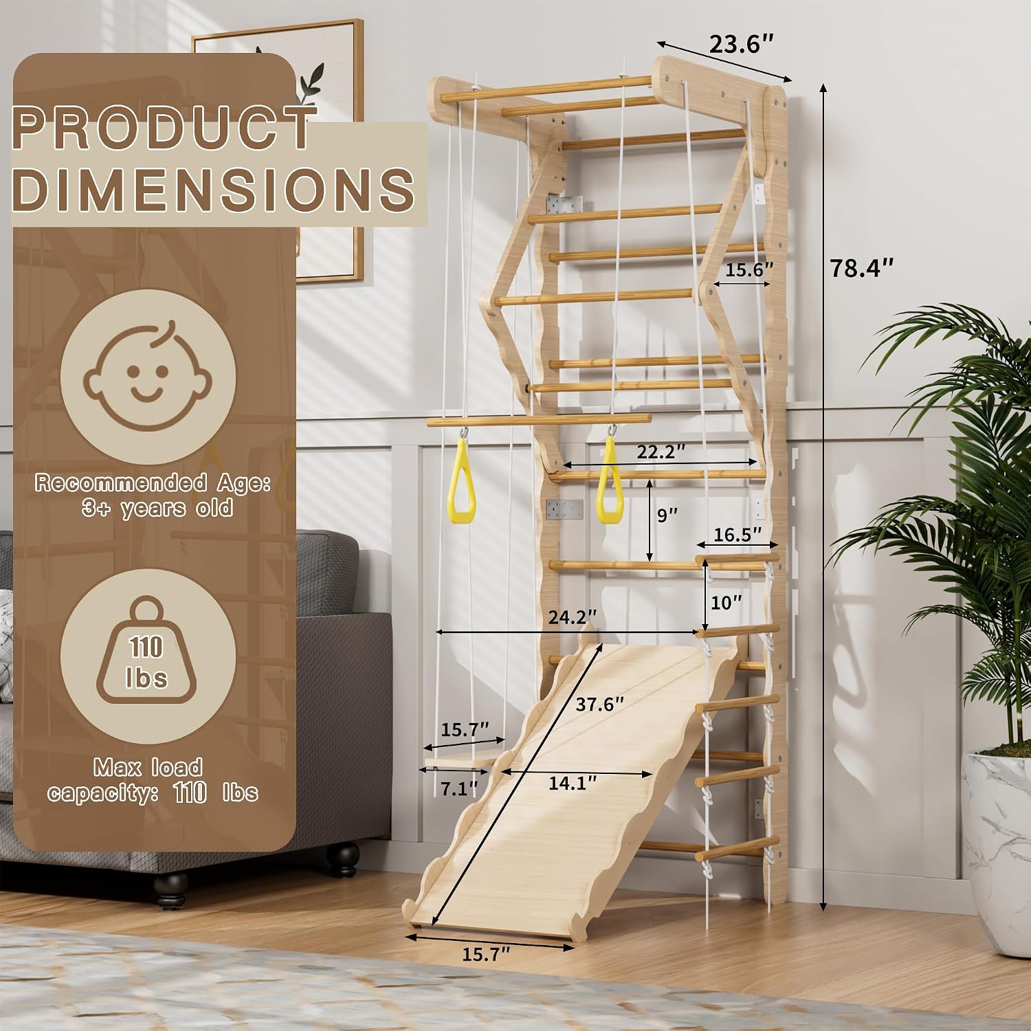Wooden Swedish Ladder Wall Gym, 7 in 1 Indoor Jungle Gym with w/Pull-Up Bar, Gym Rings, Swing, Rope Ladder, Horizontal Bar, Wall Ladder and Slide, Foldable Toddler Climbing Toys for Kids