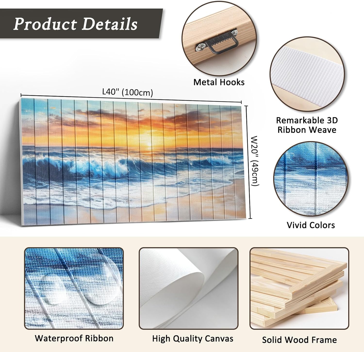 llribbons Hand Painted Large Ocean Sea Waves Canvas Wall Art Coastal Sunset Prints Nature Seasacpe Ribbon Artwork Ready to Hang for Living Room Bedroom Home Decor Modern Stretched Framed 20" x 40"