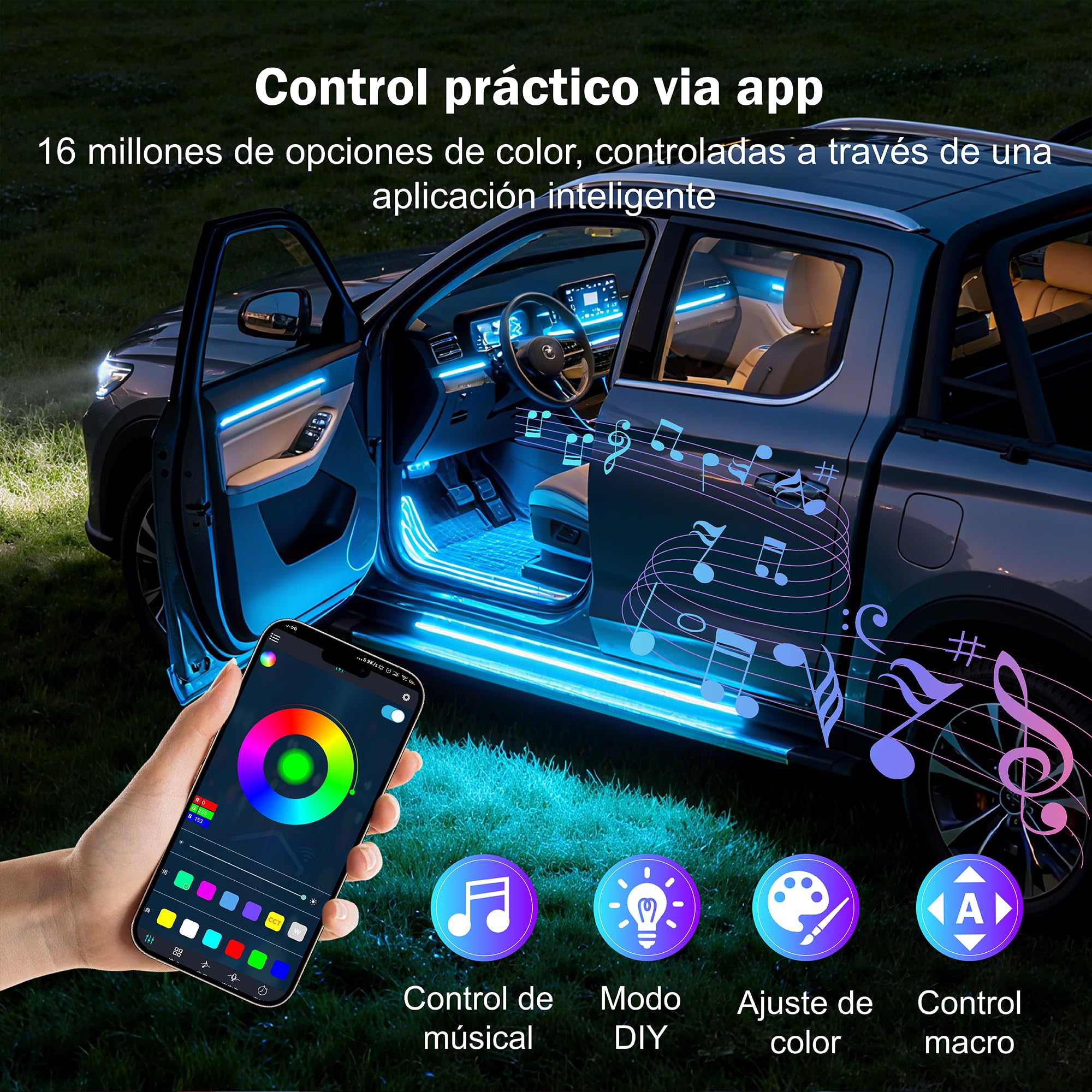 Car Interior LED Lights - 4PCs RGB Strip Lights with Bluetooth APP Control, Music Sync/DIY Mode, USB-Powered Ambient Lighting Kit for Cars, Trucks, SUVs (Universal Fit)