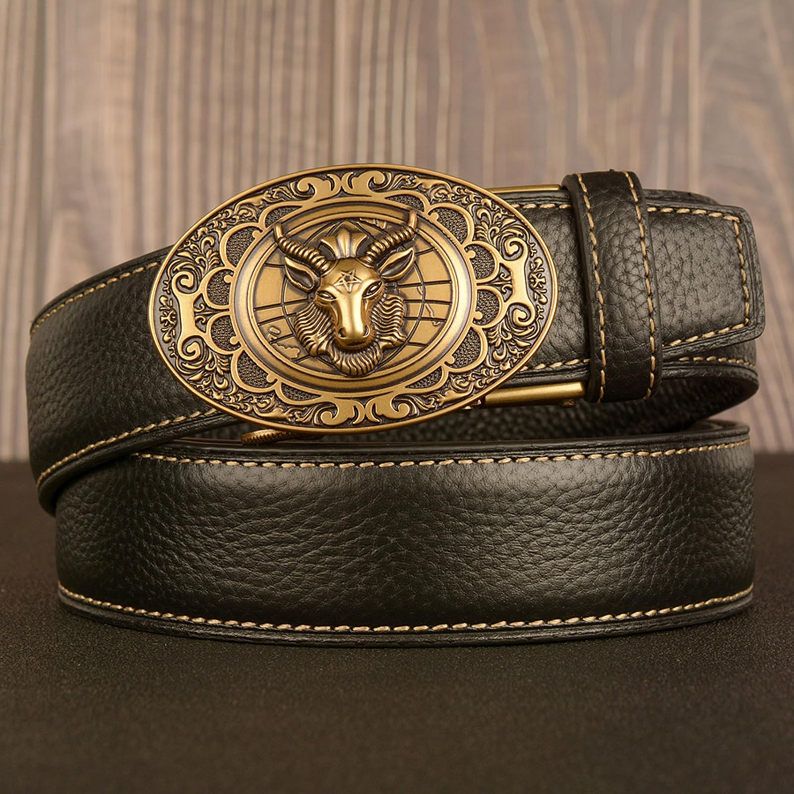 Cinturón De Trinquete Deslizante Cuero Con Hebilla Automática Tallada En Animal, Cinturón Ajustable For Negocios E Informal, Cintura 115 Cm, 39 Pulgadas, Wolfpack
