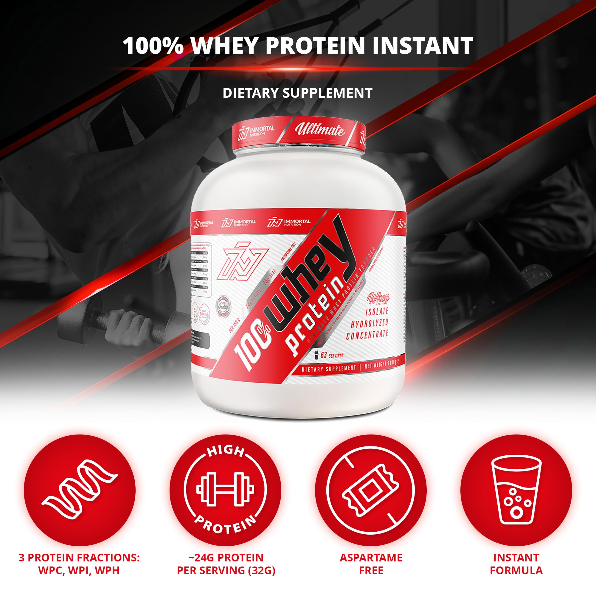 IMMORTAL NUTRITION Whey Protein Instant 2000 g - Białko w proszku z WPC, WPI i WPH | Niska zawartość cukru i tłuszczu | 24 g białka na porcję | Wanilia