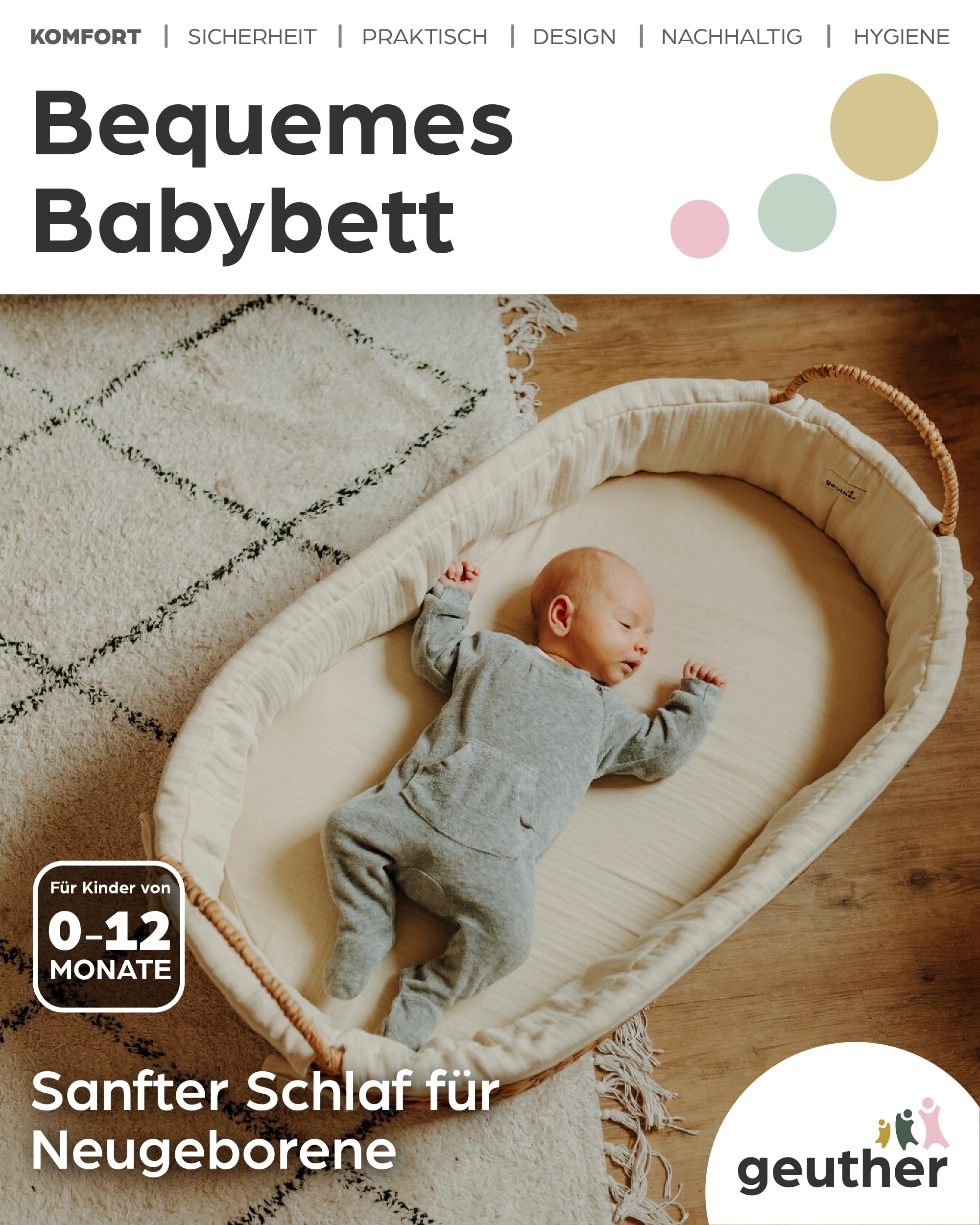 Geuther Moses Korb klein | Babynest mit Tragegriff | Babynestchen Neugeborene mit Matratze & Baumwollbezug | Mobiles Babybett | Nachhaltig & langlebig | Nestchen Baby | Moseskorb Baby in Beige