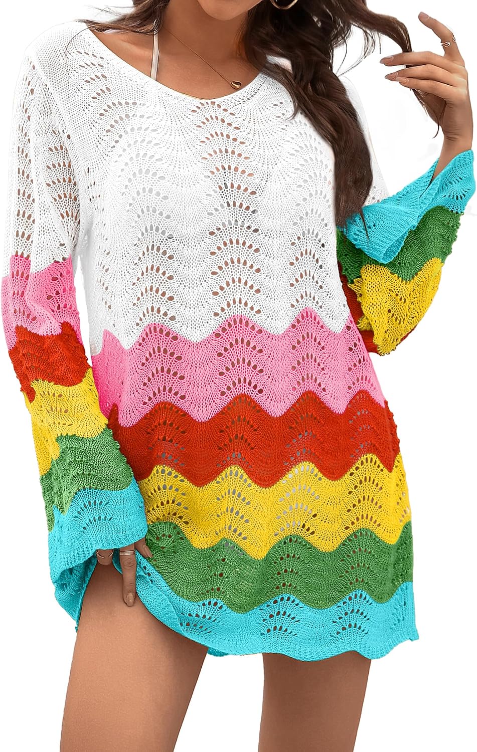 BB&KK Womens Crochet Swimsuit Cover Up Long Sleeve Summer Bathing Suit Color Block Bikini Mesh Knit Swimwear Beach Dress 2025