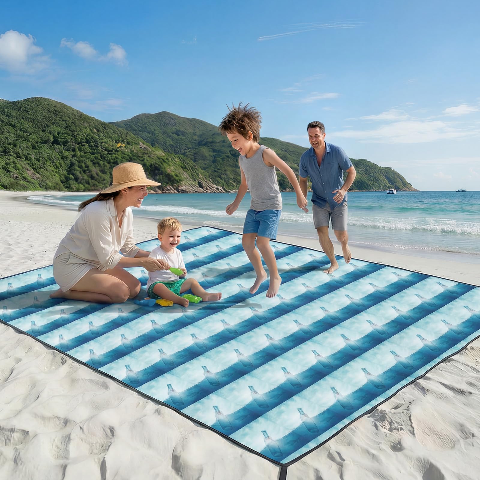 Beach Blanket Sandproof Waterproof, 213 x 244 cm Large Beach Mat with Stakes & Travel Bag,Lightweight,Quick-Dry,Portable Picnic Mat Beach Essentials for Outdoors,Cruise,Picnic & Camping,Message Bottle