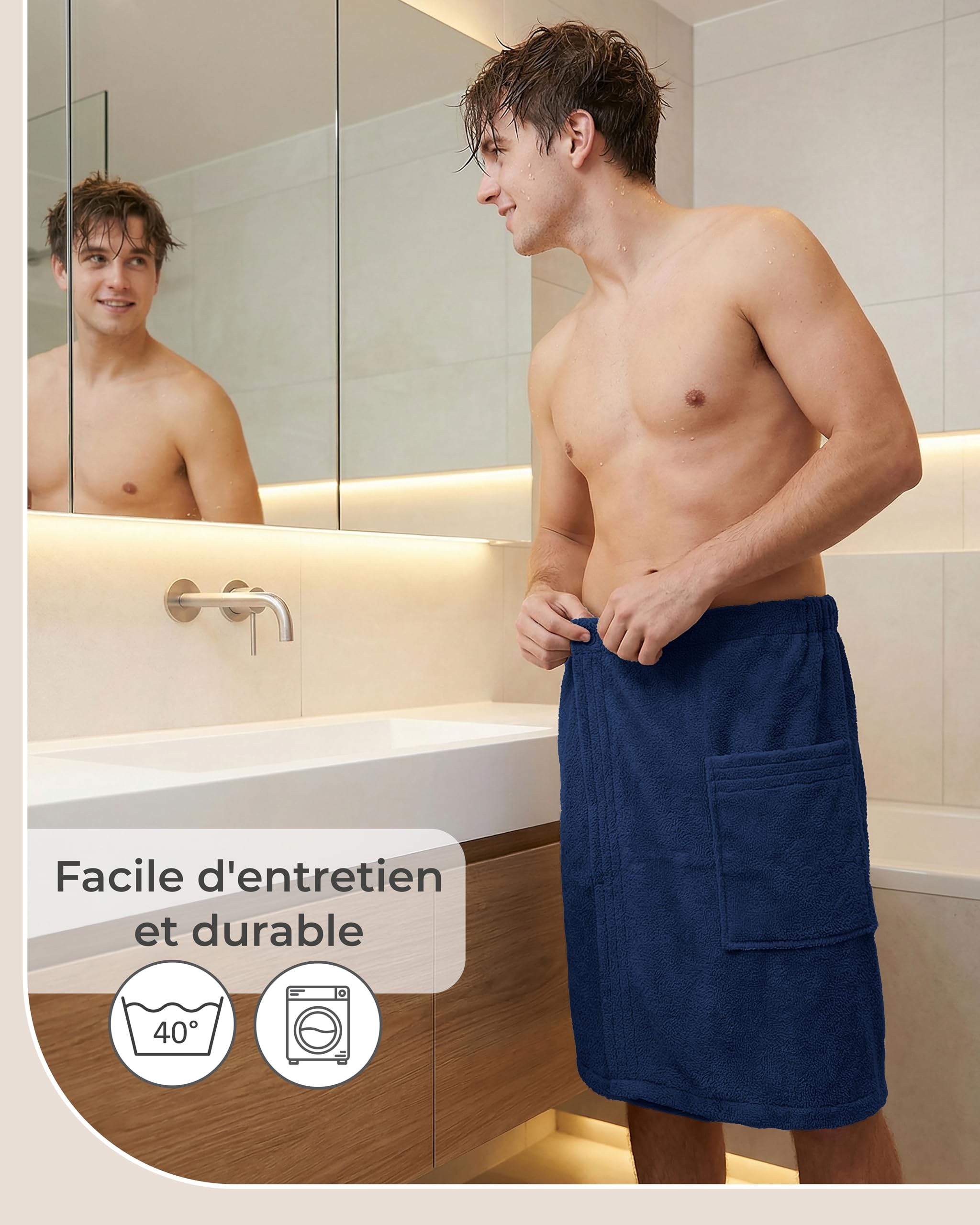 LAYNENBURG Paréo de sauna pour homme avec fermeture à boutons – 100 % coton – Certifié Oeko-Tex 100 – Serviette de sauna pour homme – Serviette de sauna en tissu éponge – Kilt élastique pour bien-être
