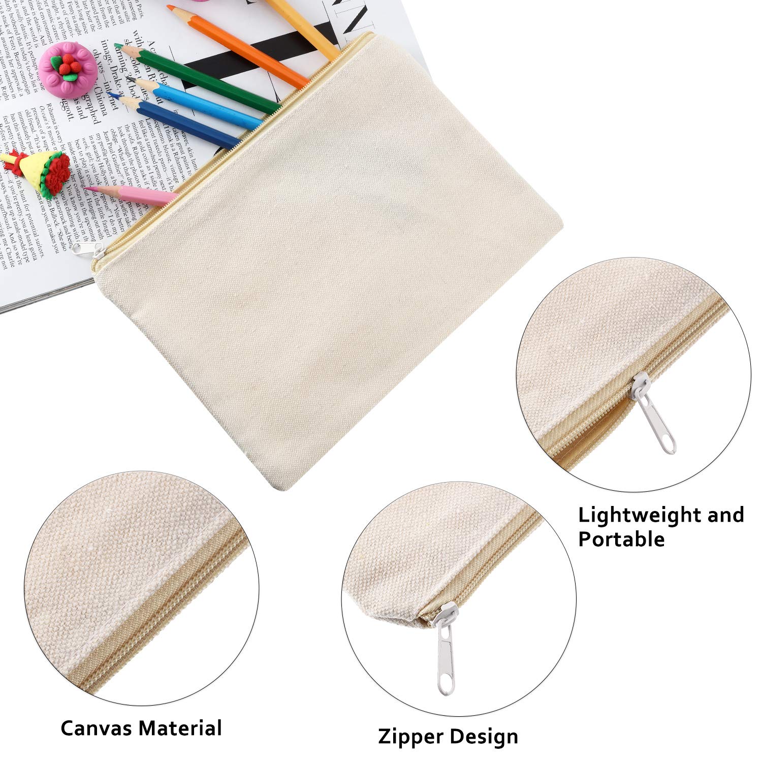 Gejoy 10 Pieces Cosmetic Canvas Pouch Bag Multipurpose Makeup Bag with Zipper Cotton Canvas Travel Toiletry Pouch DIY Craft (L, Beige) - Image 3