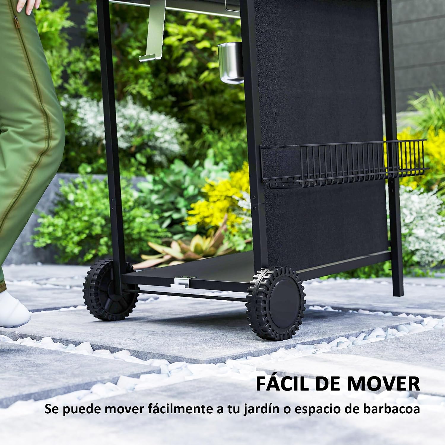 Close-up of the BBQ wheels, indicating easy mobility