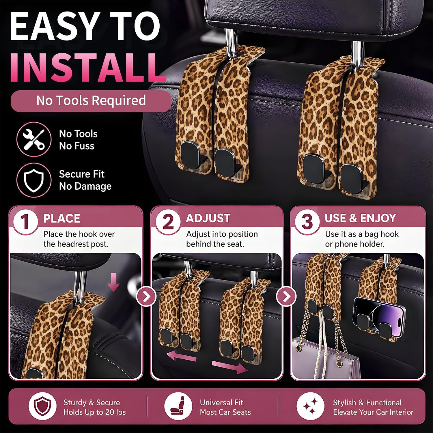 Car Seat Back Storage Hook, Funny Car Purse Hook, Cute Vehicle Storage Organizer for Purses Handbags Luxury Brown Yellow Leopard image 3
